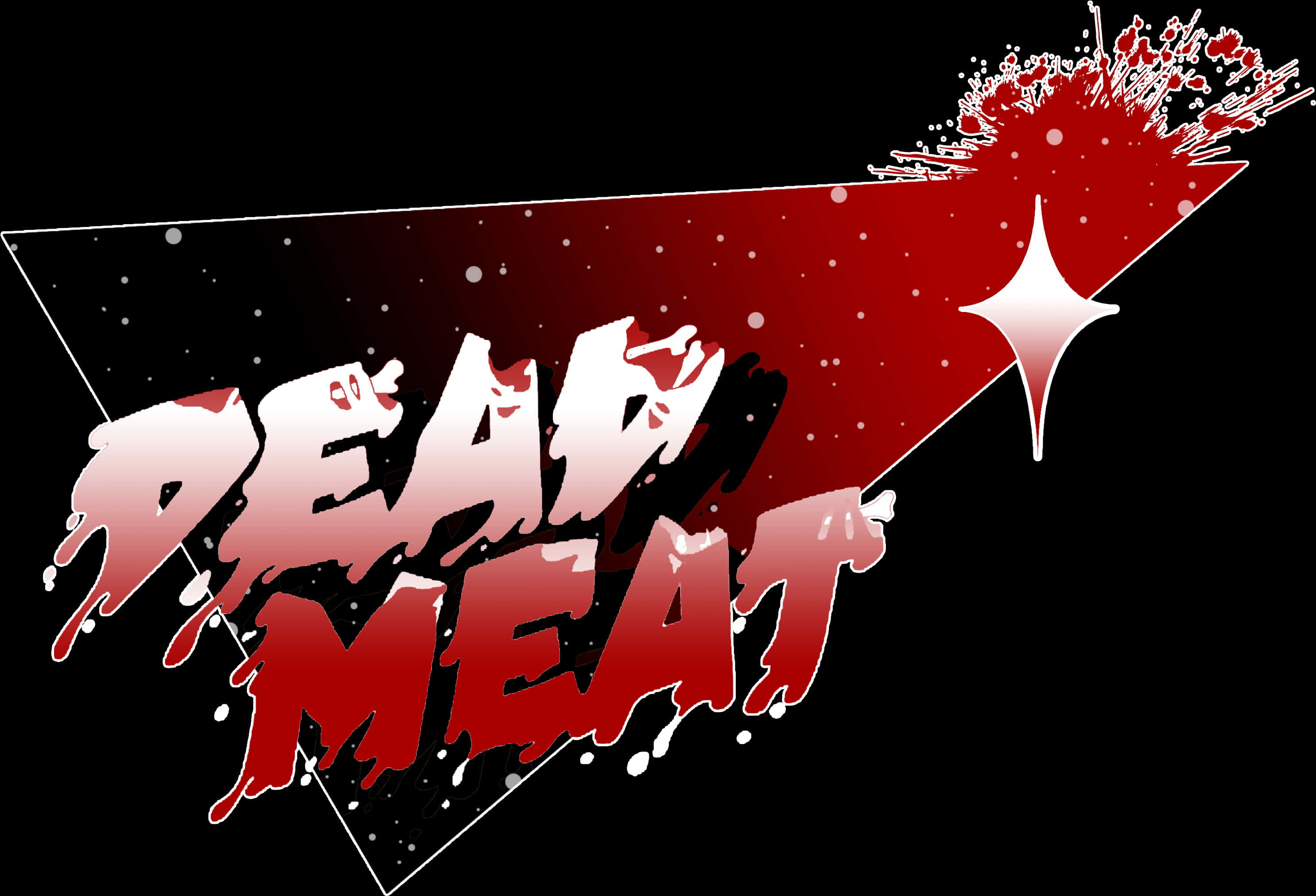 死肉恐怖圖形 壁紙 — 大膽的紅色和白色「DEAD MEAT」文字在黑色背景上滴血，帶有星爆和飛濺效果。