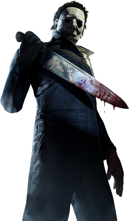 《死靈之書》邁克爾·邁爾斯角色 壁紙 — Michael Myers 戴著標誌性的白色面具和藍色連身工作服，在黑色背景前拿著一把沾血的刀。