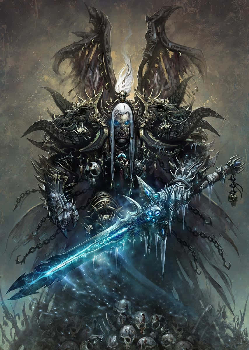黑暗奇幻戰士，擁有發光的藍色眼睛和冰劍，被頭骨和惡魔翅膀包圍。