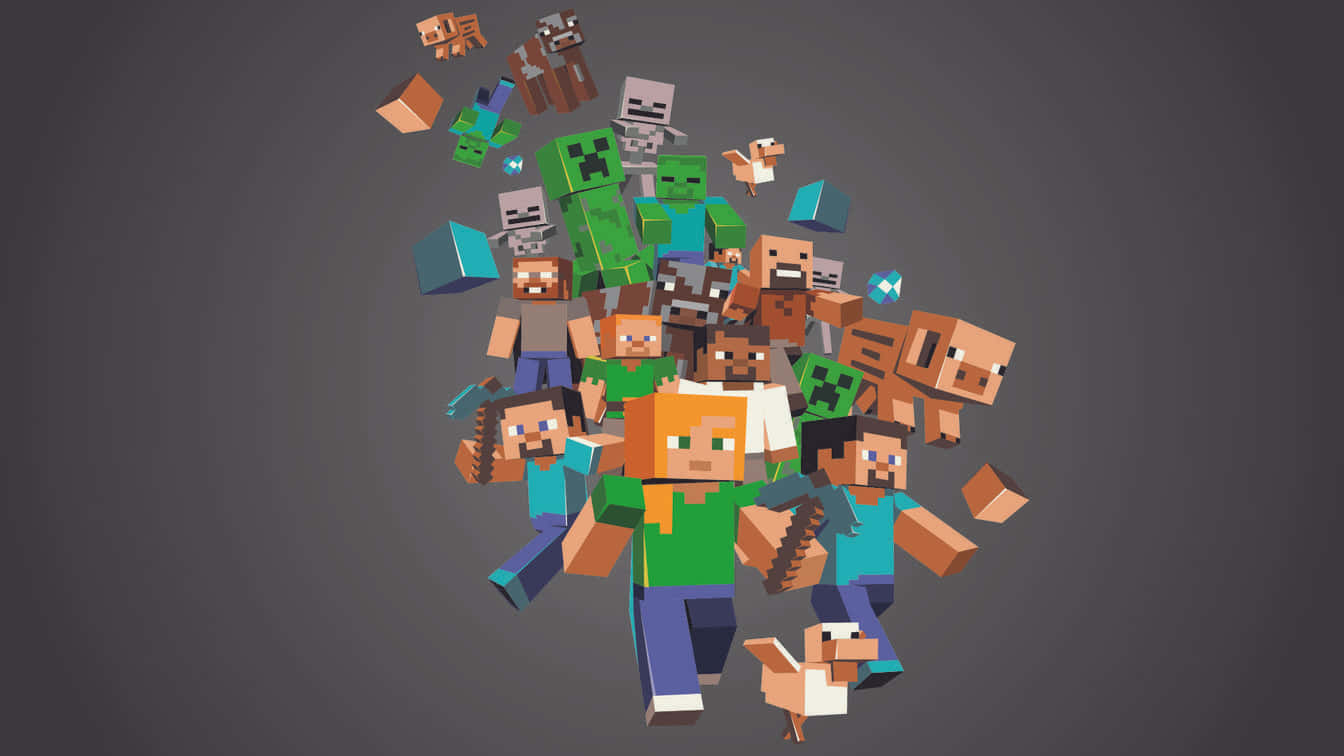 Minecraft角色和生物以方塊狀數位藝術風格呈現，背景為灰色。
