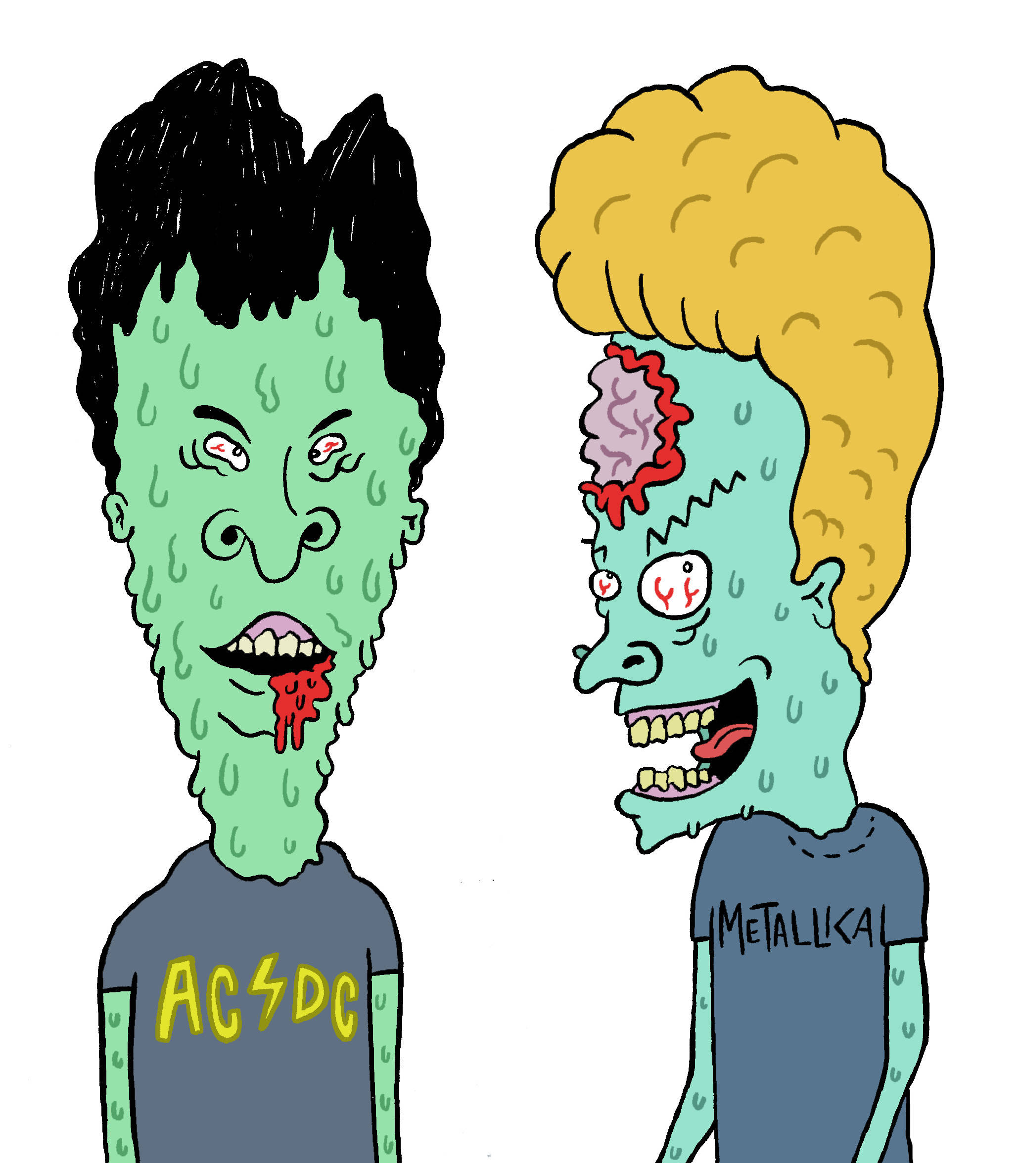殭屍Beavis與Butt-Head 壁紙 — 兩個卡通風格的殭屍角色，綠色皮膚，露出大腦，穿著ACDC和Metallica樂隊T恤，狂野地咧嘴笑。