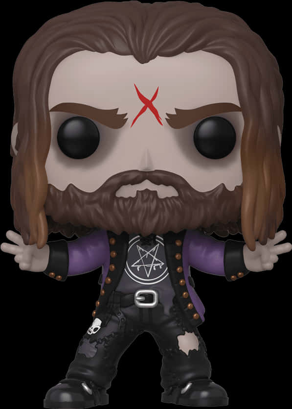 殭屍主題收藏人偶 壁紙 — 一個鬍鬚男人的Funko Pop乙烯基公仔，額頭上有紅色X，穿著紫色和黑色的哥德式服裝。