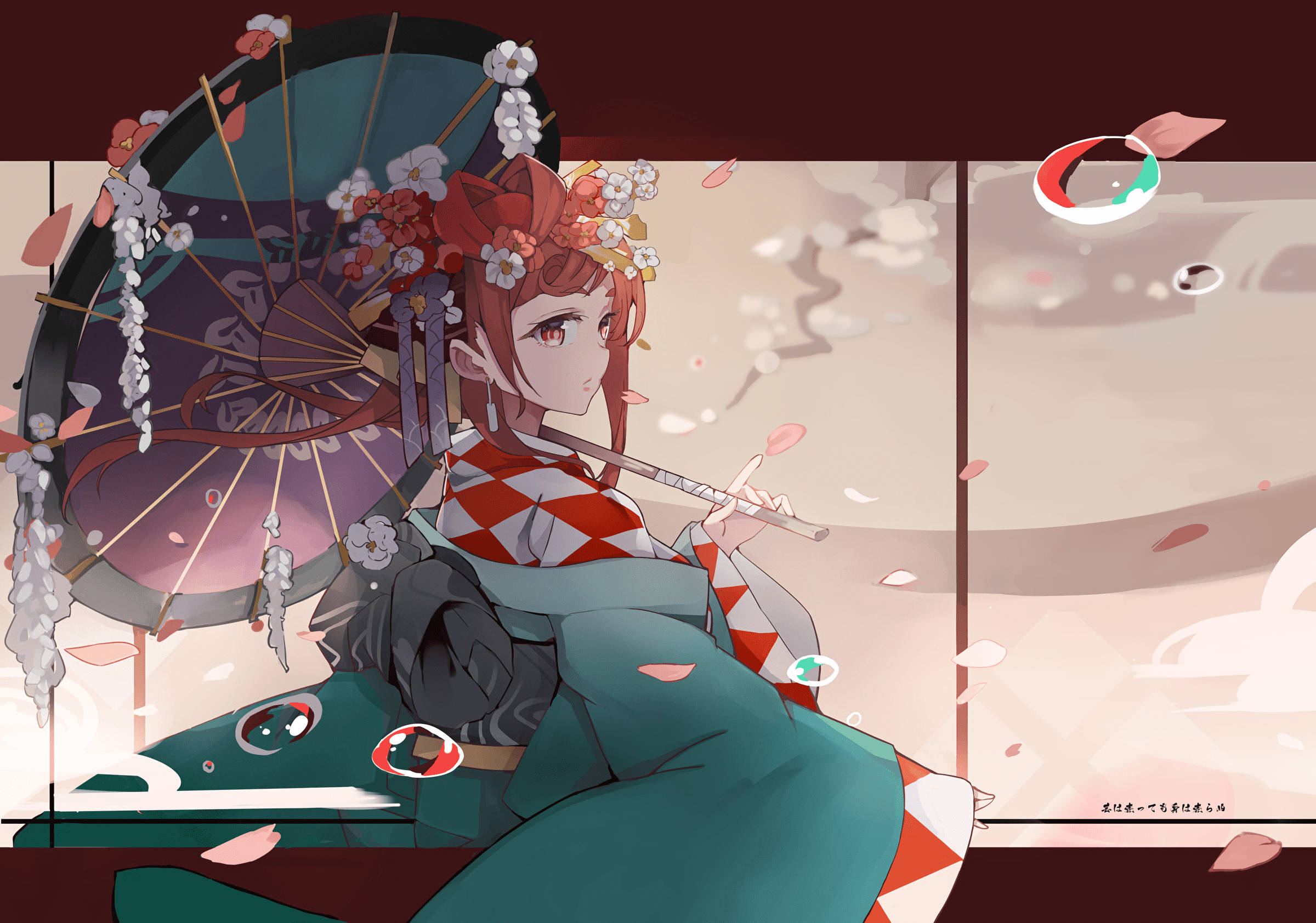 《殭屍之地 Saga》優雅的 Yugiri 壁紙 — 一位紅髮動漫少女身穿綠色和服，手持花卉陽傘，櫻花在她周圍柔和的粉彩場景中飄舞。