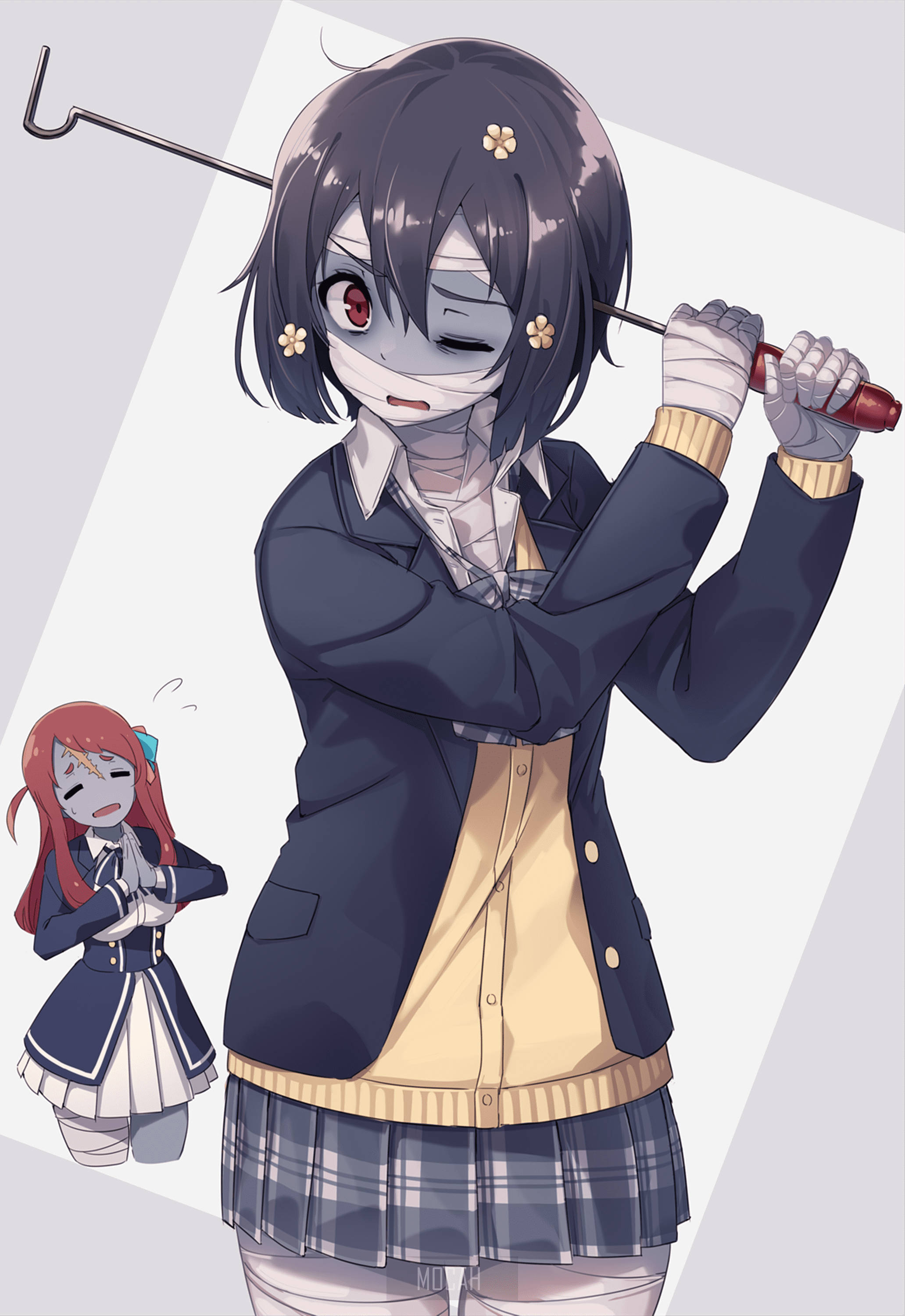 《殭屍之地 Saga》受傷的AI 壁紙 — 一個黑髮的動漫女孩穿著校服，帶著兇猛的表情揮舞高爾夫球桿，而一個較小的紅髮女孩緊張地看著。