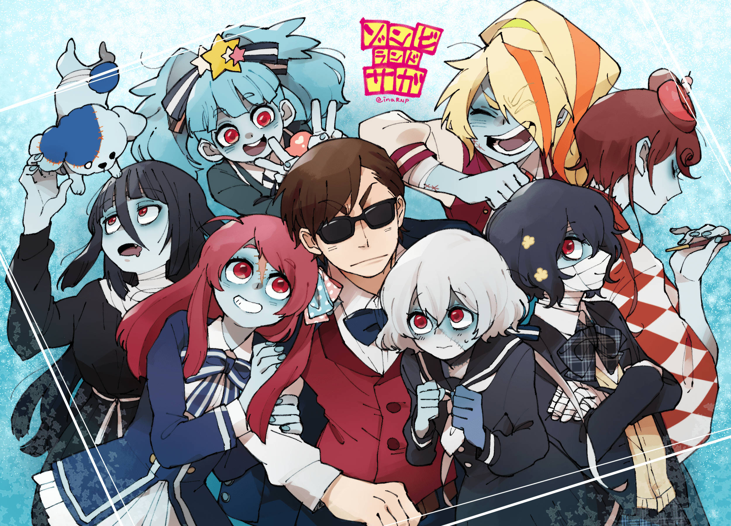 《殭屍之地 Saga》角色合輯 壁紙 — 一群皮膚蒼白、眼睛紅色的動漫角色在淺藍色紋理背景前充滿活力地擺姿勢。