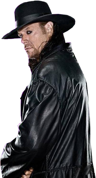 殭屍摔角傳奇側影 壁紙 — 一個身穿黑色皮褸、戴闊邊帽的威脅性男子，在純黑背景下越過肩膀凝視。