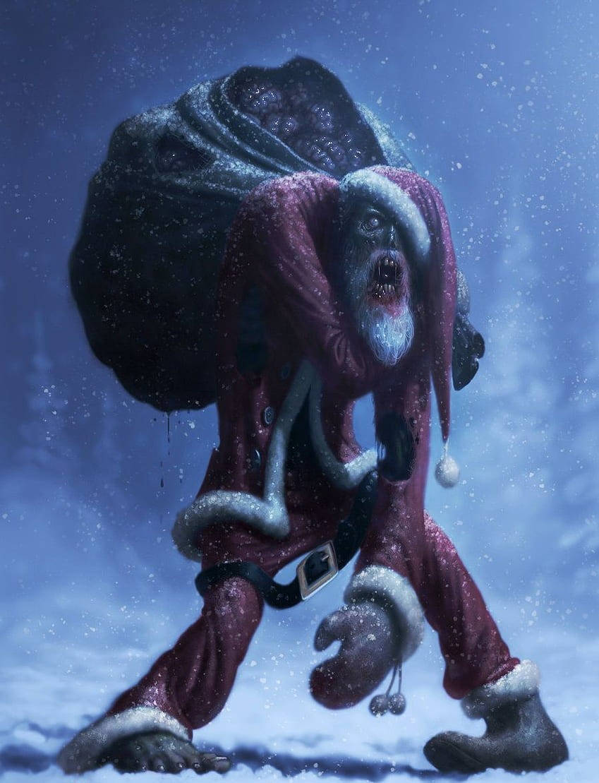 喪屍聖誕老人在暴風雪中拿著禮物袋行走。