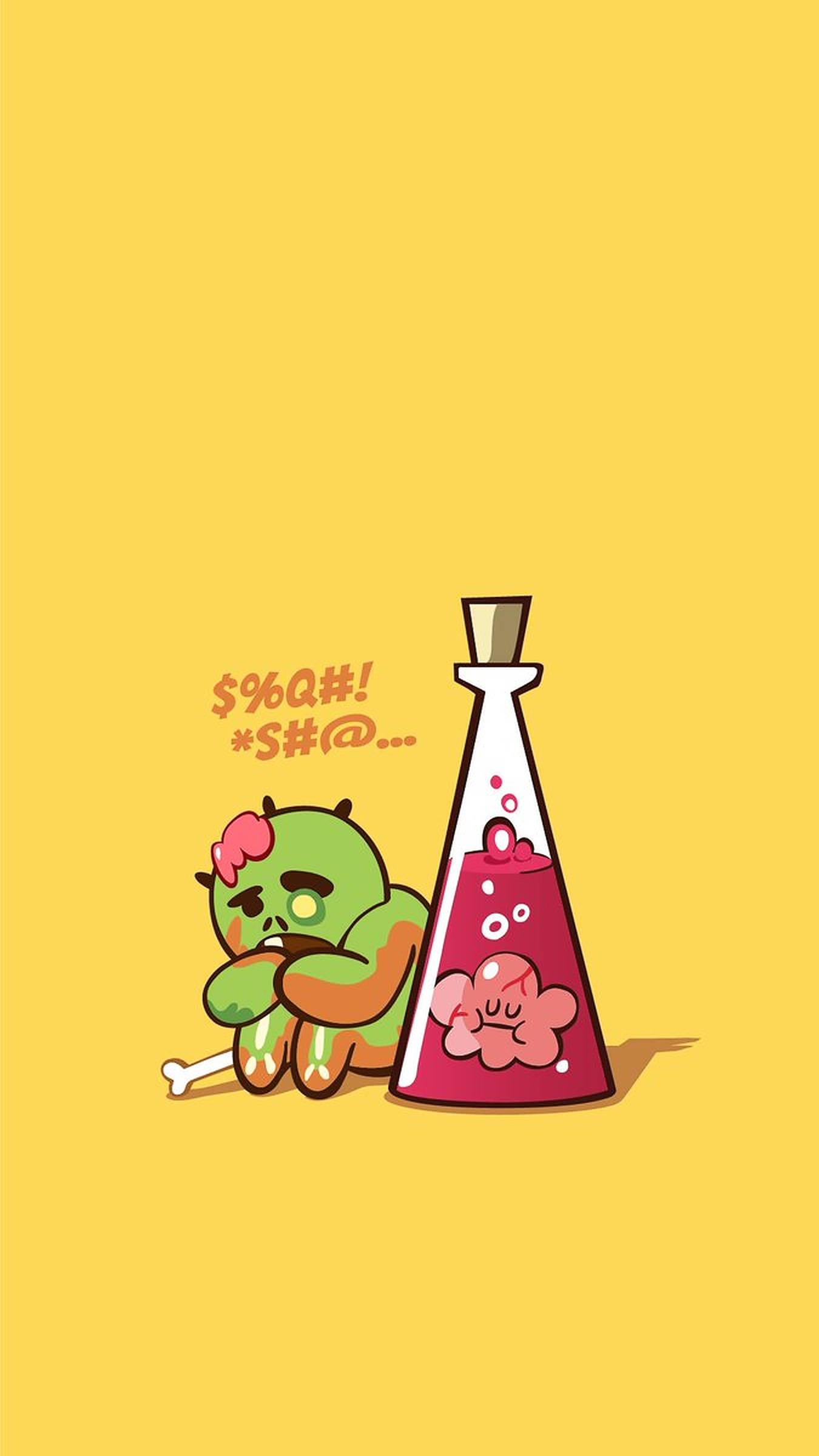 殭屍餅乾 Cookie Run 壁紙 — 一個綠色卡通殭屍，粉紅色頭髮，坐在一個在純黃色背景上灑出粉紅色黏液的藥水瓶旁邊。