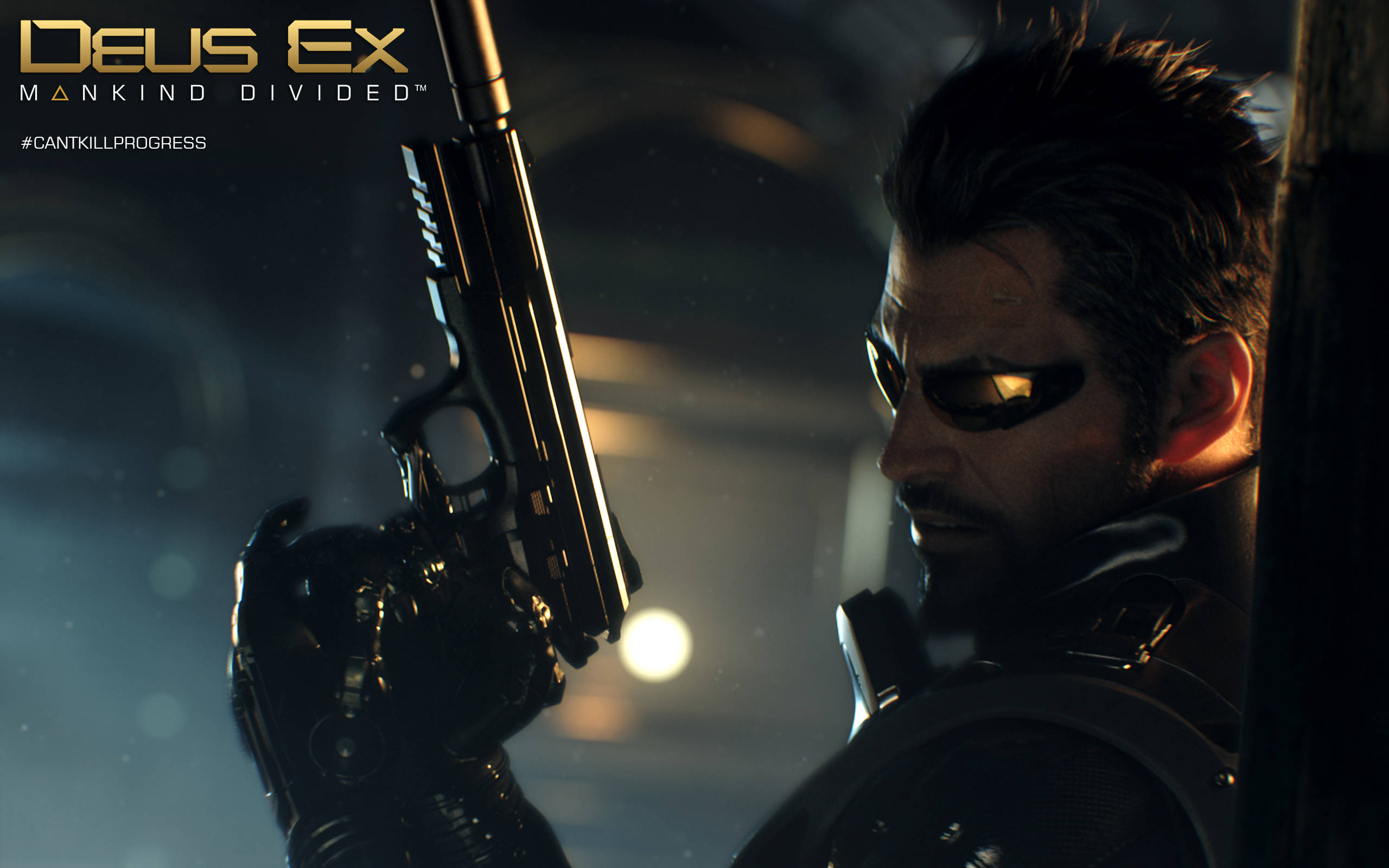 《殺出重圍：人類分裂》亞當·詹森 壁紙 — 《Deus Ex: Mankind Divided》中的生化士兵在昏暗的未來走廊中，在發光的燈光下瞄準手槍。