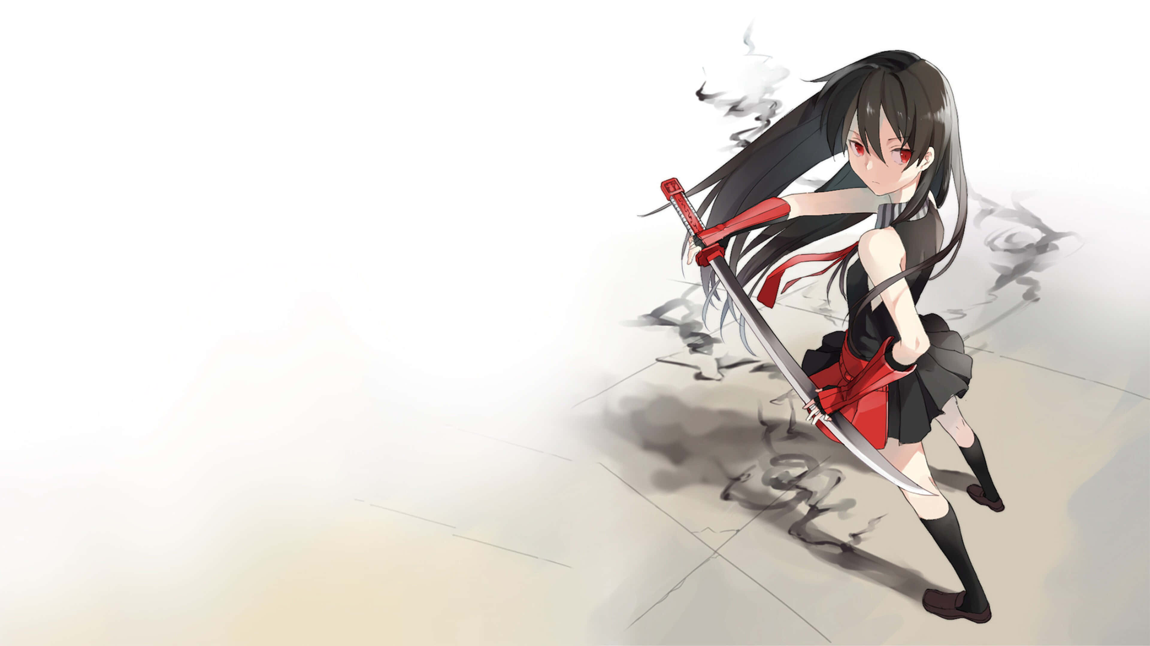《殺戮の天使》劍士角色4K高畫質壁紙 壁紙 — 長黑髮的動漫女孩在瓷磚地板上揮舞著一把帶紅色流蘇的劍，煙霧在她腳邊盤旋。