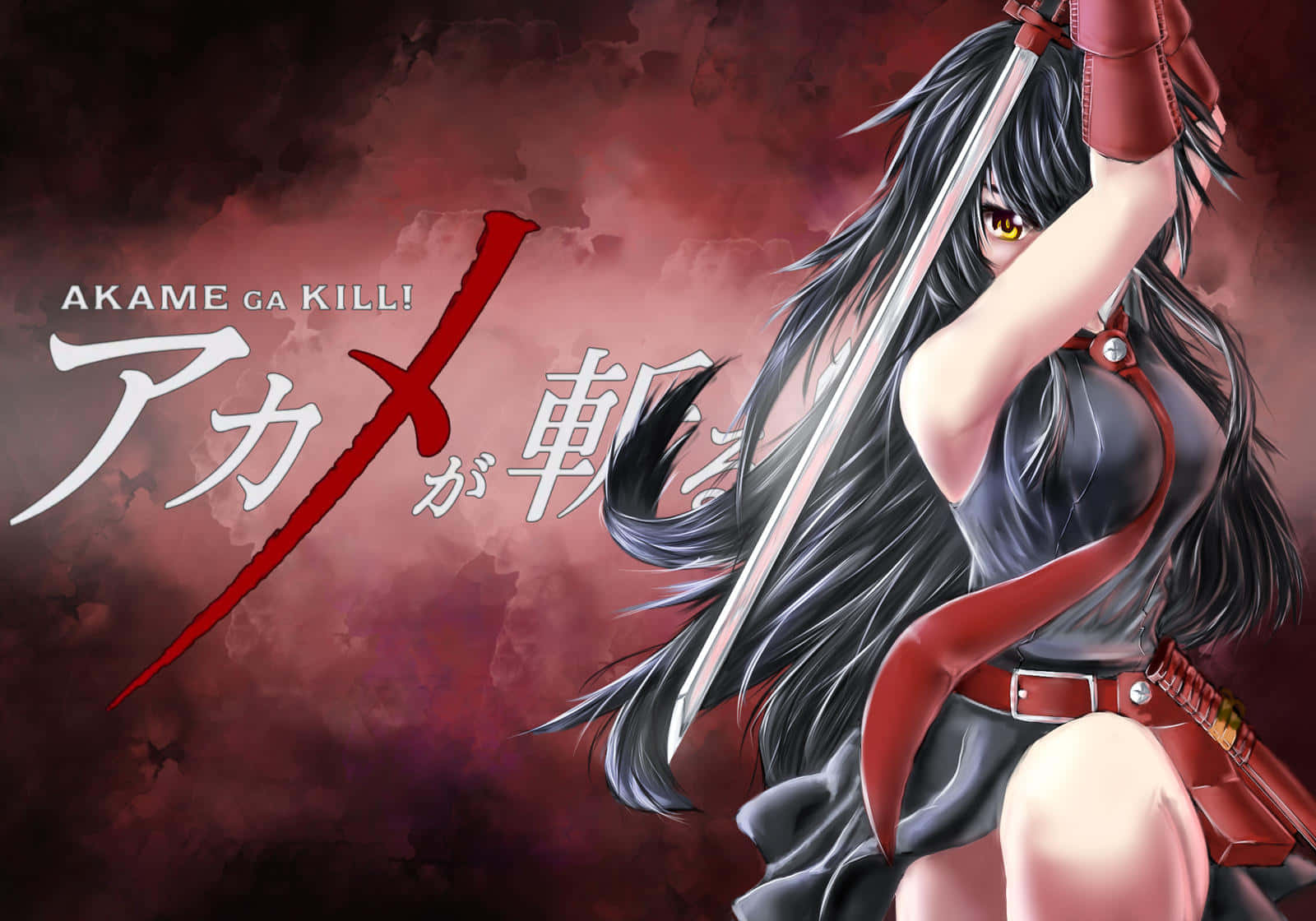 《殺戮的夜襲隊》動畫角色煙霧背景繪畫 壁紙 — 一位兇猛的動漫戰士，長著黑色長髮和黃色眼睛，在深紅色煙霧背景中揮舞著劍。