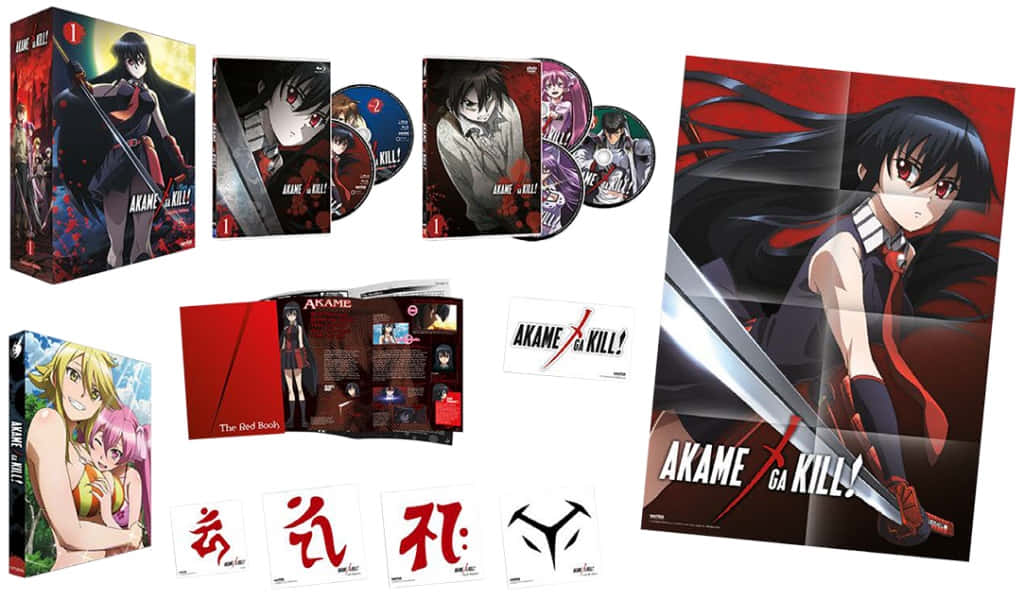 《殺戮的夜襲隊》漫畫與CD合照 壁紙 — 《斬！赤紅之瞳》動漫商品收藏，包括角色海報和盒裝套裝，採用大膽的紅黑設計。