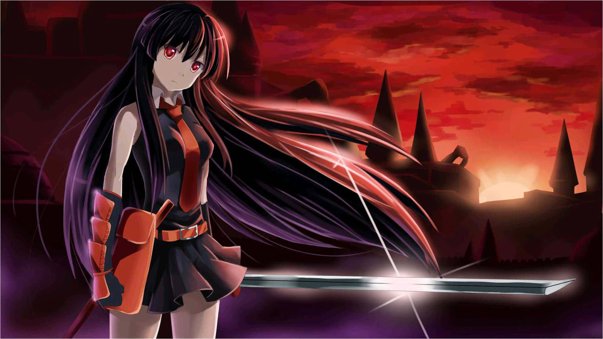 《殺戮的夜襲隊》角色持劍少女哀傷神情 壁紙 — 一位黑髮紅眼動漫女孩，在城堡剪影上方的火紅夕陽中手持發光劍。