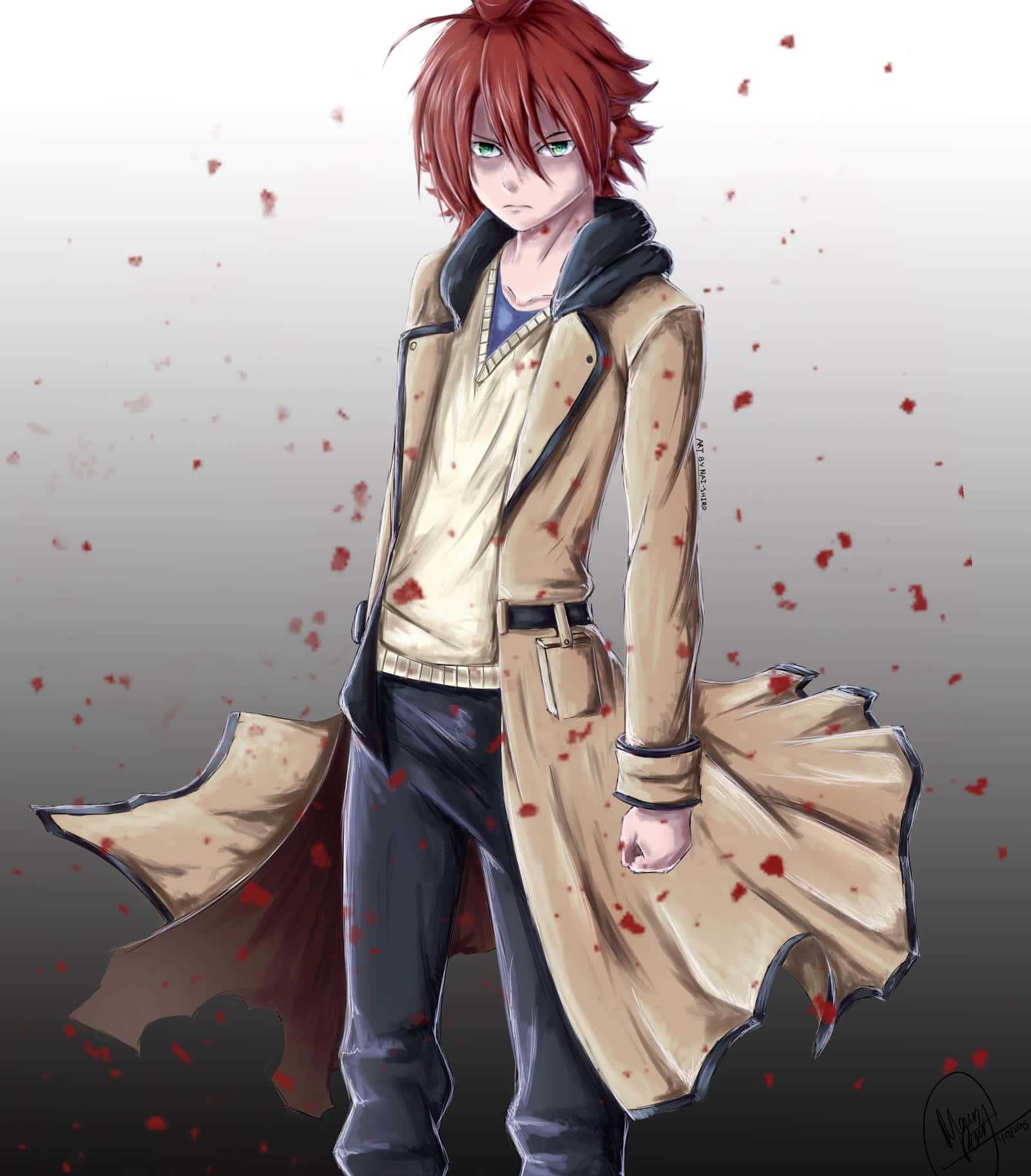 《殺戮的天使》塔茲米血跡飛濺美圖 壁紙 — 一個紅髮動漫男孩穿著米色風衣，站在飄落的紅色花瓣中，表情嚴肅。