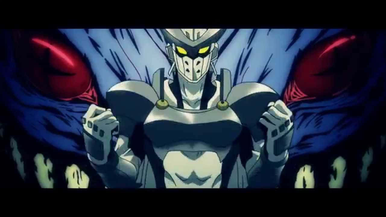 《殺戮的天使》帝國機械人美圖 壁紙 — 一個帶有發光黃色眼睛和紅色能量翅膀的威脅性動漫機器人，以黑暗、戲劇性的姿勢站立。