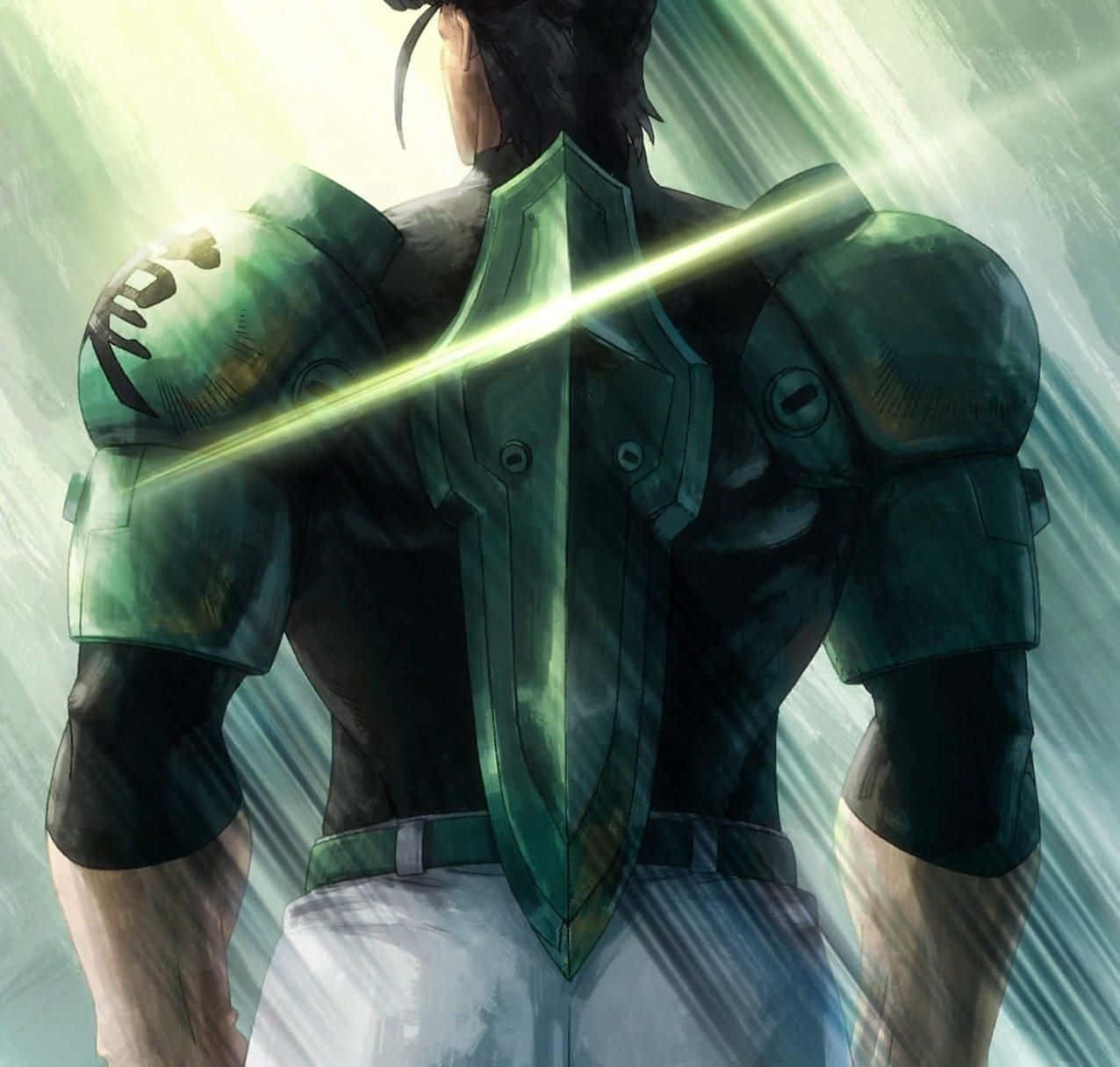 《殺戮的阿卡梅》世界中處處潛藏危險 壁紙 — 一個肌肉發達的動漫戰士穿著綠色盔甲，背對發光的劍斬，背景是綠色和白色條紋。
