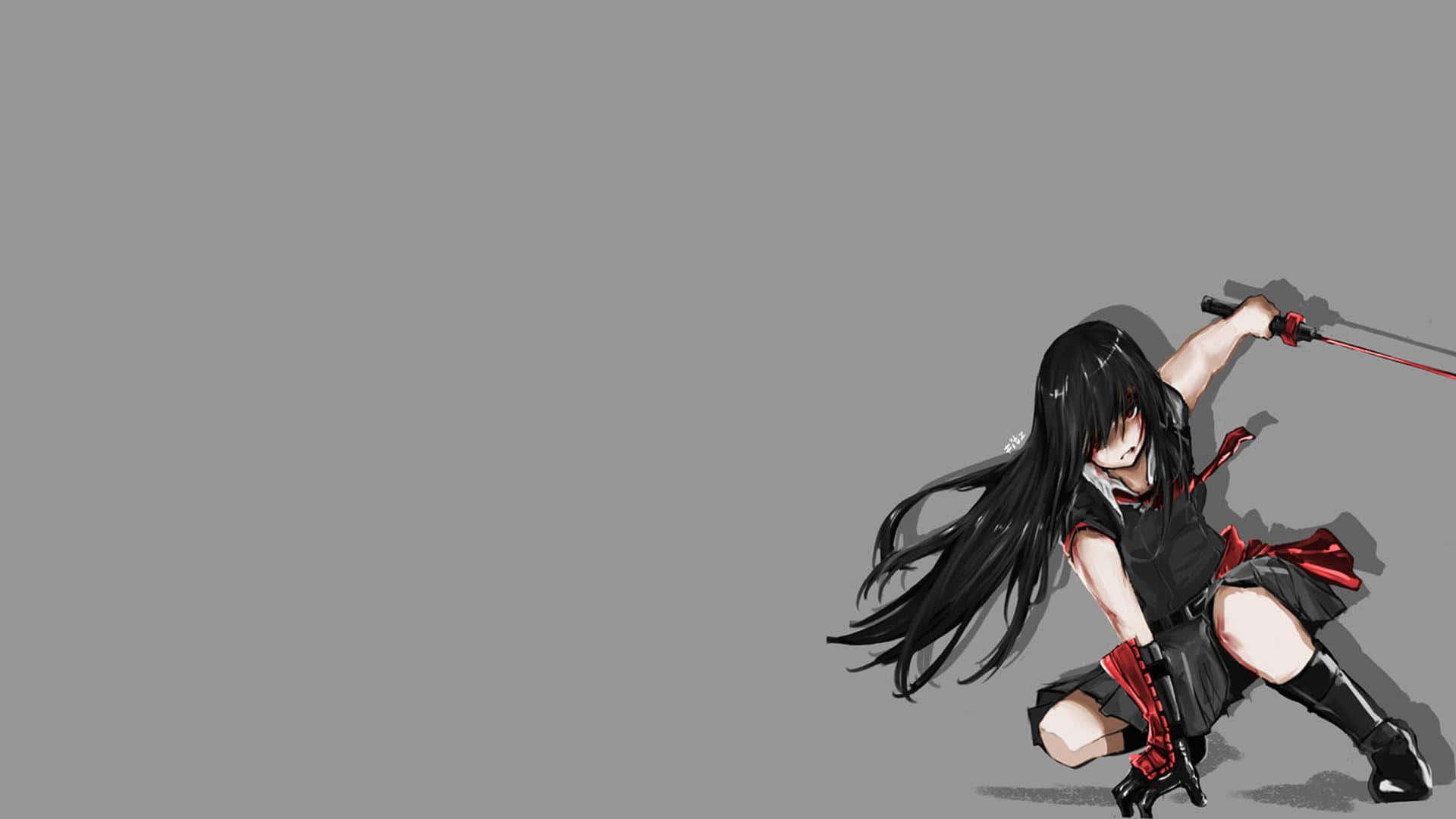 《殺戮的阿卡梅》阿卡梅眼中的危險 壁紙 — 長黑髮的動漫女孩在純灰色背景前以動態戰鬥姿勢揮舞紅色劍。
