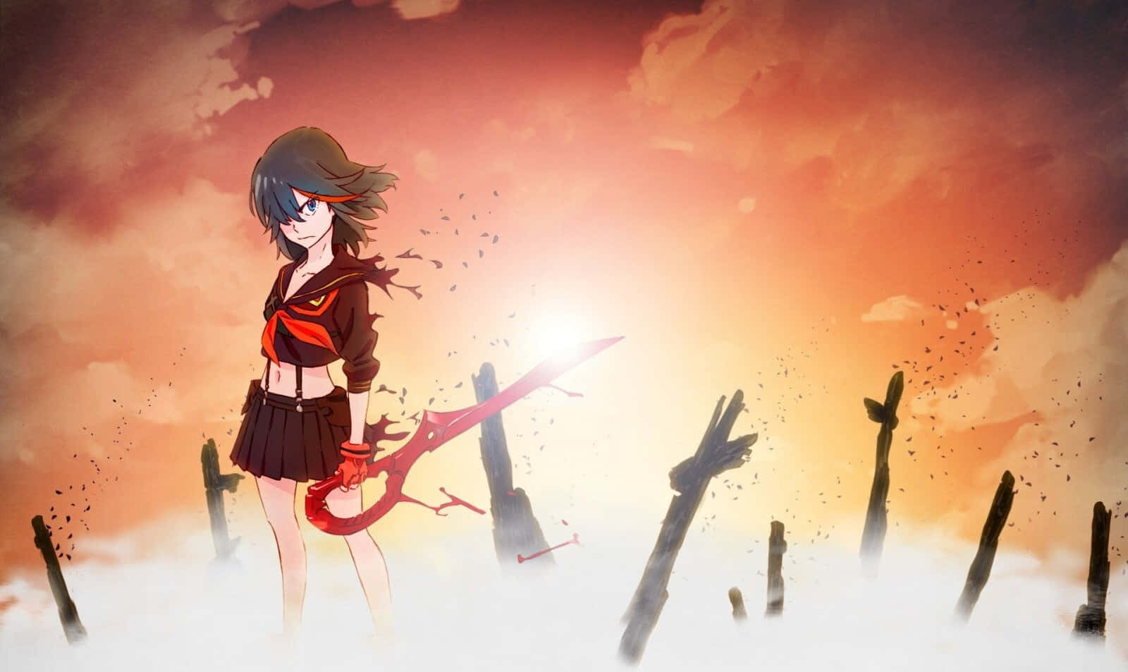 《殺戮青春》- 瑞uko 和賽恩庫斯的動感戰鬥 壁紙 — 一個堅定的動漫女孩，深色頭髮，在火紅的夕陽天空下，在破碎的木柱之間揮舞著一把發光的紅色劍。