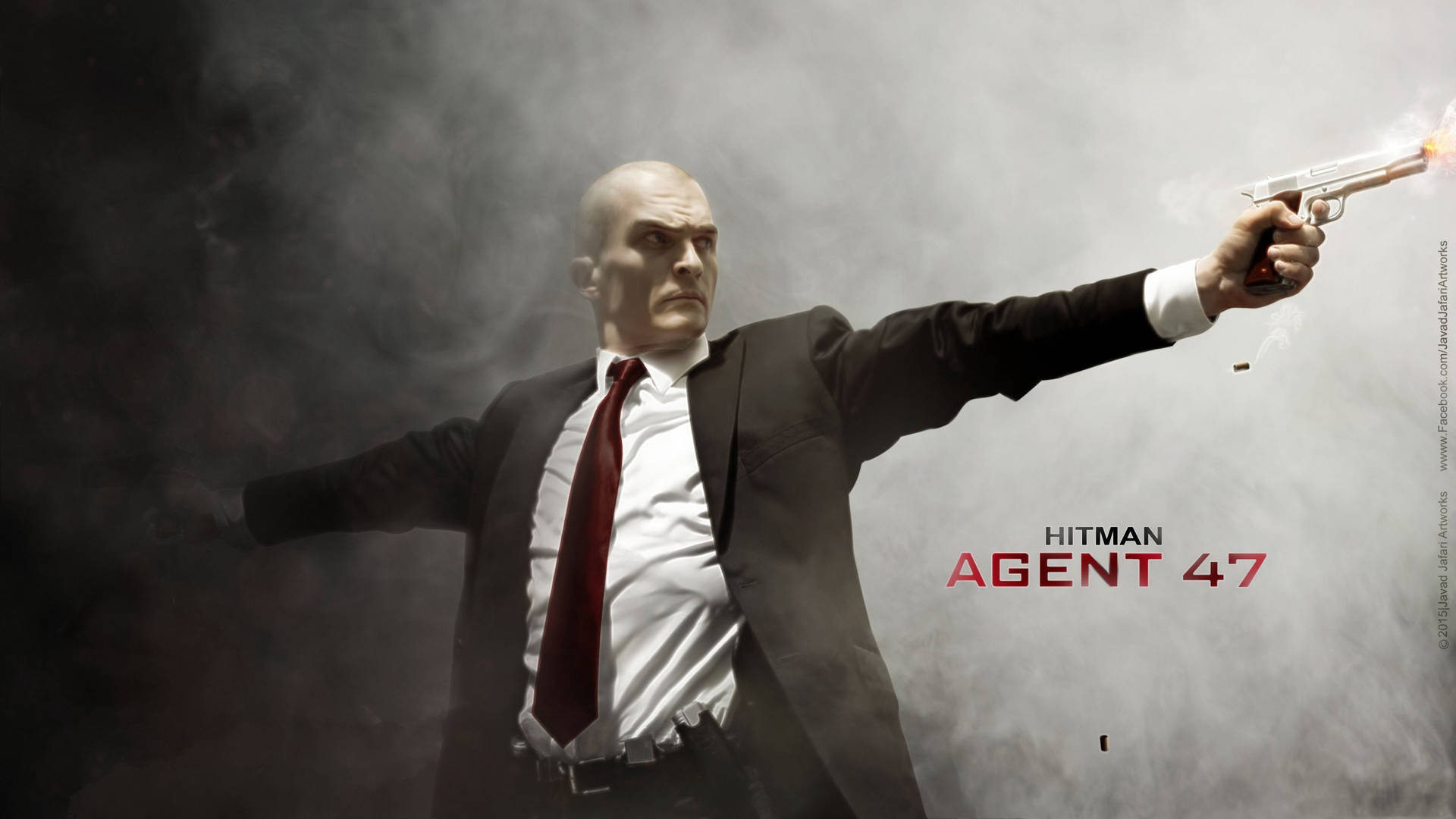 Hitman Agent 47 在煙霧瀰漫的黑暗場景中開槍射擊。