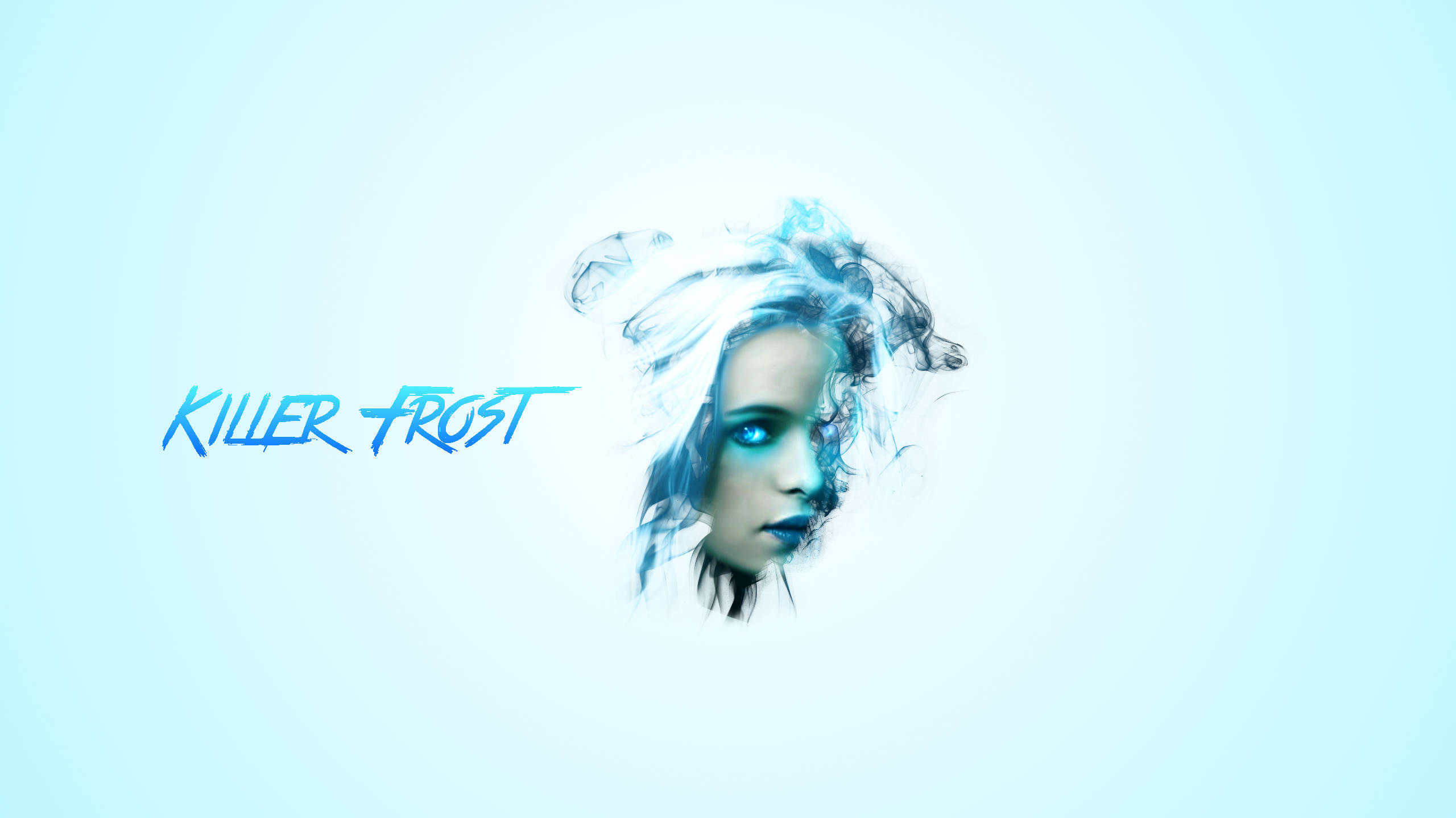 殺手霜極簡海報 壁紙 — Killer Frost 的風格化肖像，擁有冰藍色頭髮和發光的眼睛，背景為淡藍色漸變。