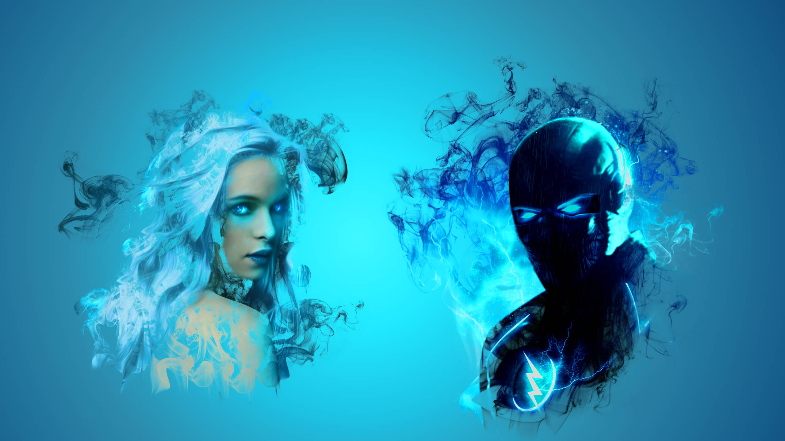 殺手霜與惡魔閃電佐姆 壁紙 — 一位擁有飄逸白髮的女性和一個帶有閃電標誌的面具人物從旋轉的藍色能量中出現，背景為青色。