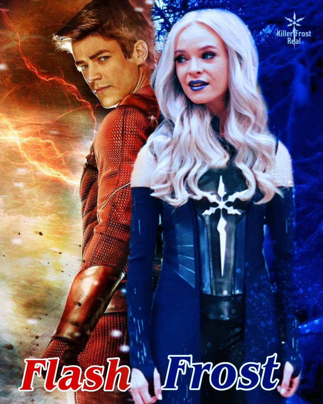 殺手霜與閃電俠圖形海報 壁紙 — The Flash 和 Killer Frost 背靠背站立，面對熾熱的閃電和冰冷的藍色能量，展開一場戲劇性的超級英雄對峙。