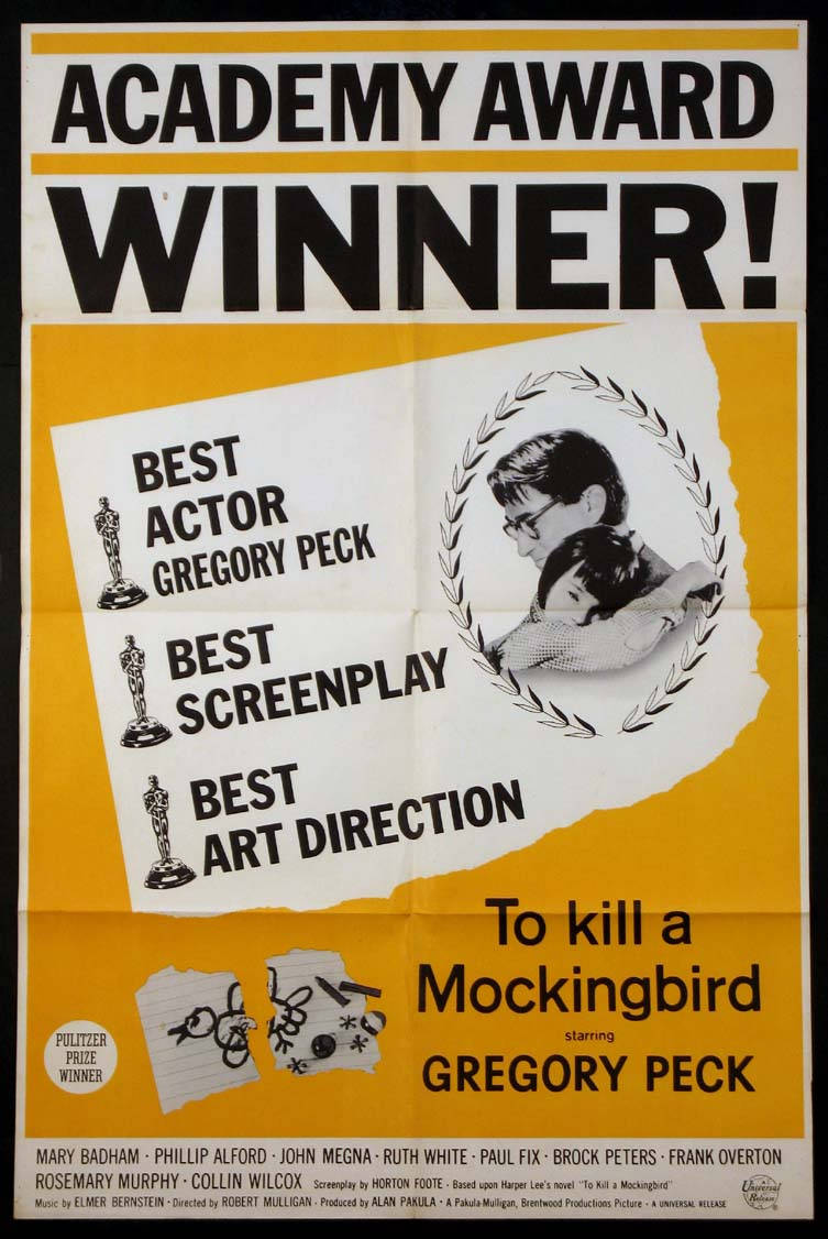 《殺死一隻知更鳥》的Academy Award獲獎電影海報， featuring Gregory Peck 和月桂花環設計。