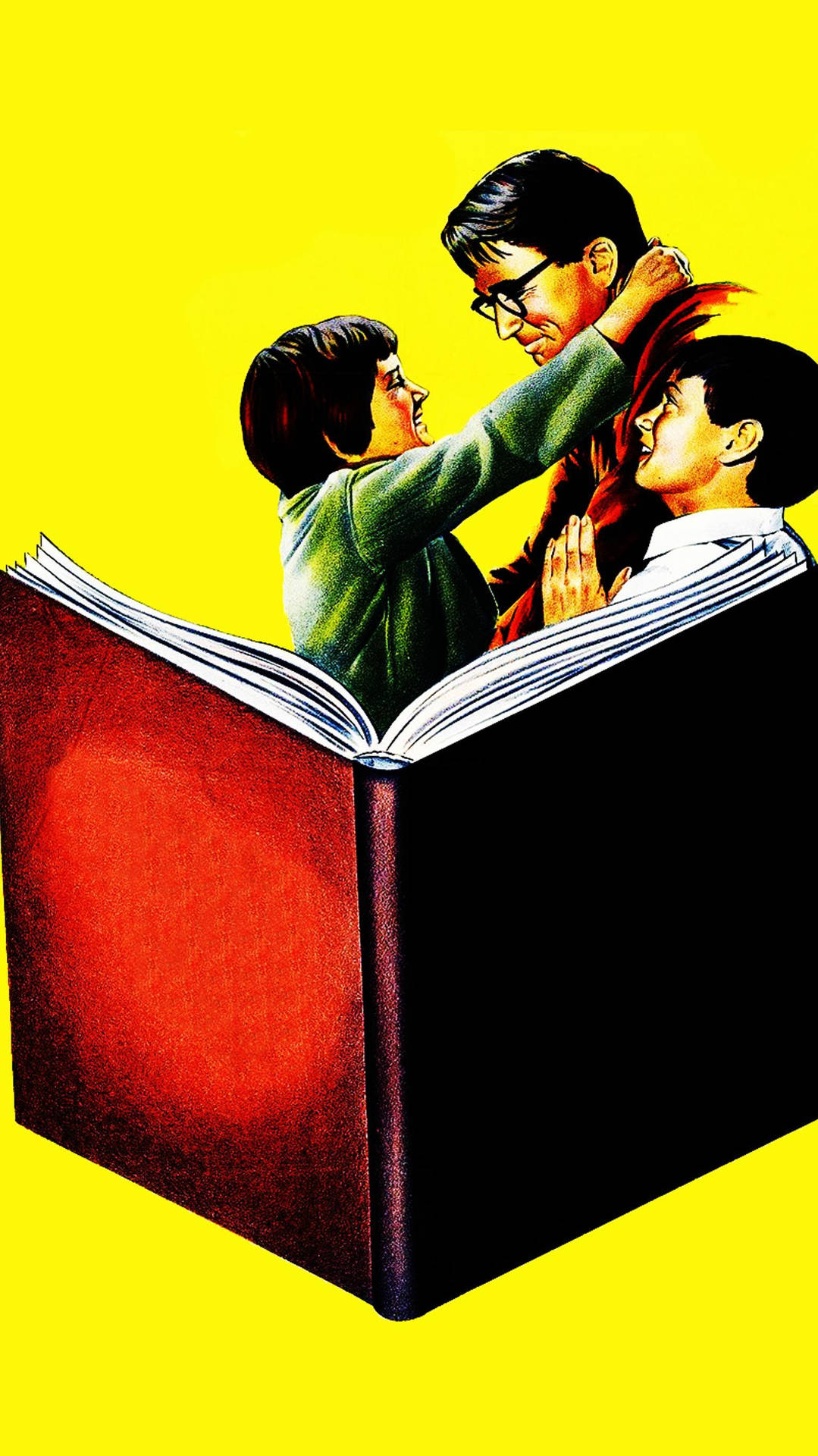 三個微笑的人從一本打開的大書中出現。