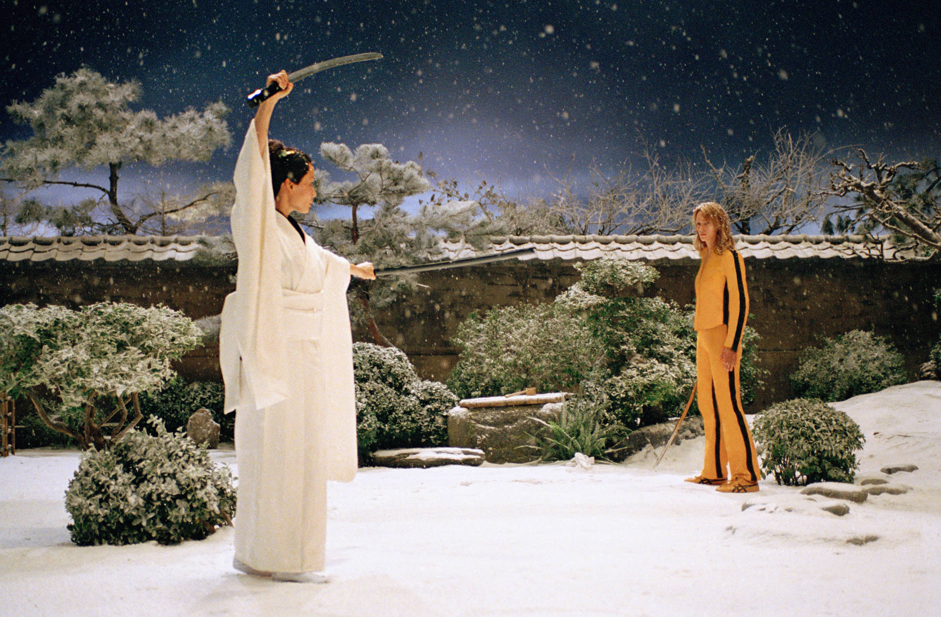 夜間雪地花園中的兩位武術家，一位白袍持劍，另一位黃色運動服持棍。
