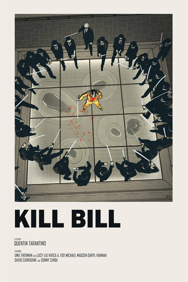 《殺死比爾》打鬥場景海報 壁紙 — 一位身穿黃衣的孤獨戰士，在瓷磚地板上被一群黑衣劍士包圍，挑釁地站立著。