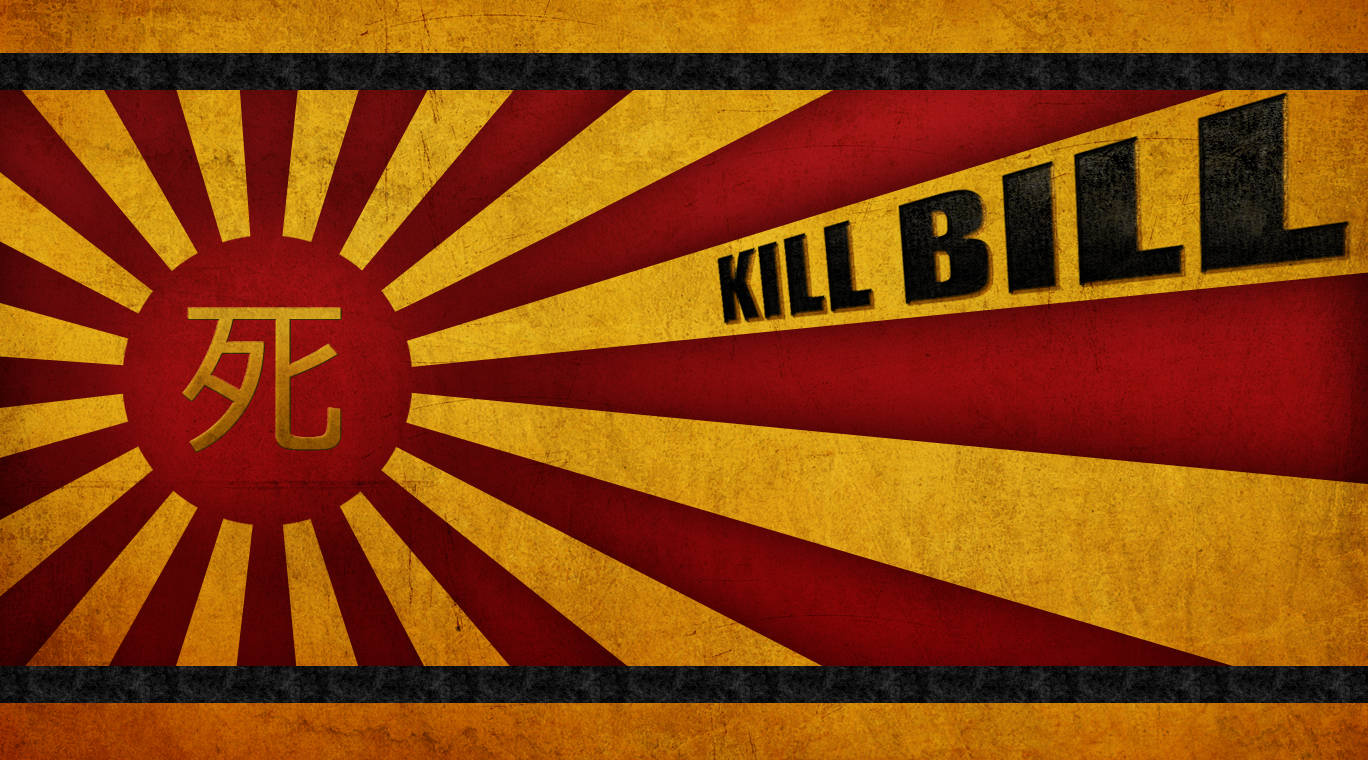 《殺死比爾》日式昇陽海報 壁紙 — 一面粗糙的紅金太陽爆發旗，帶有死亡漢字和粗體 Kill Bill 文字。