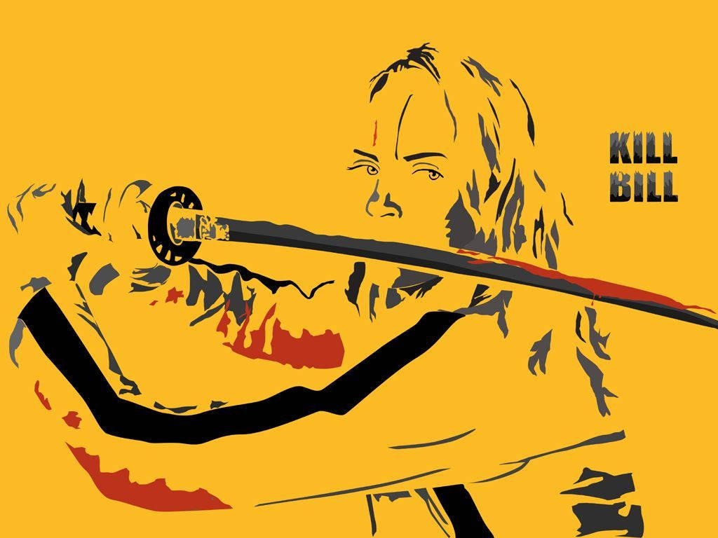 一名女子手持武士刀，黃色背景上有血跡和「Kill Bill」文字。
