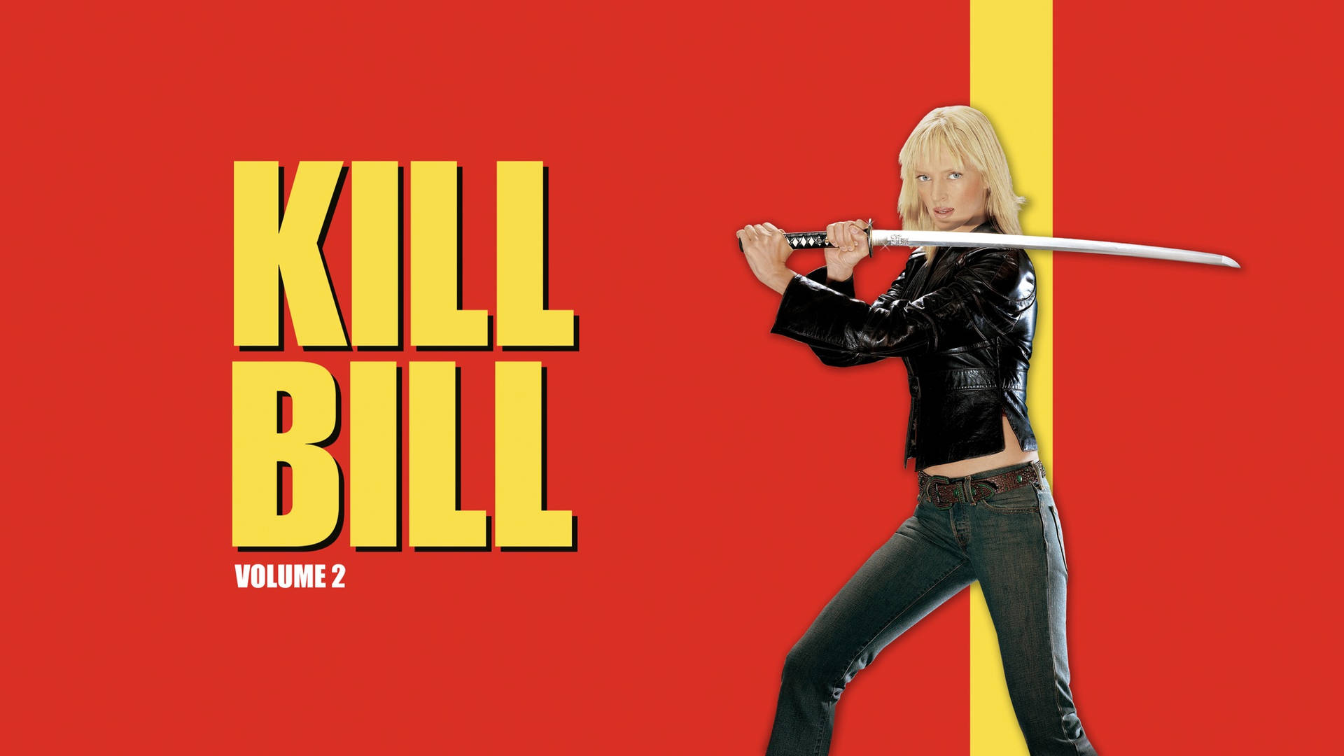 金髮女子身穿黑色皮褸，在紅黃背景上持刀，並有 Kill Bill 字樣。