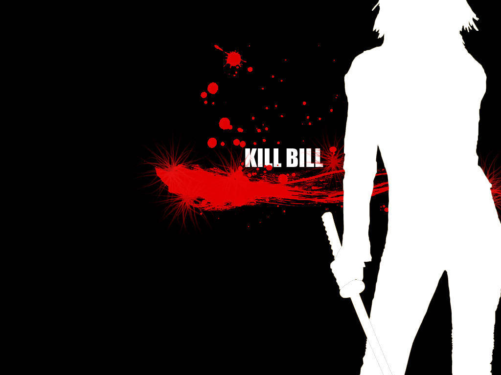 《殺死比爾》黑白海報 壁紙 — 一個女人手持劍的鮮明白色剪影，背景為黑色，帶有醒目的紅色飛濺和文字 'KILL BILL'。