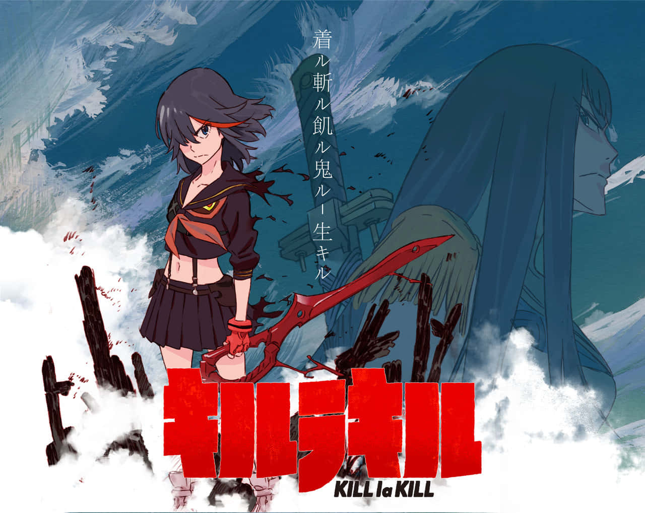《殺老師》動畫海報圖 壁紙 — 一個堅定的動漫女孩穿著校服，在暴風雲和破碎的碎片中揮舞著一把巨大的紅色剪刀武器。