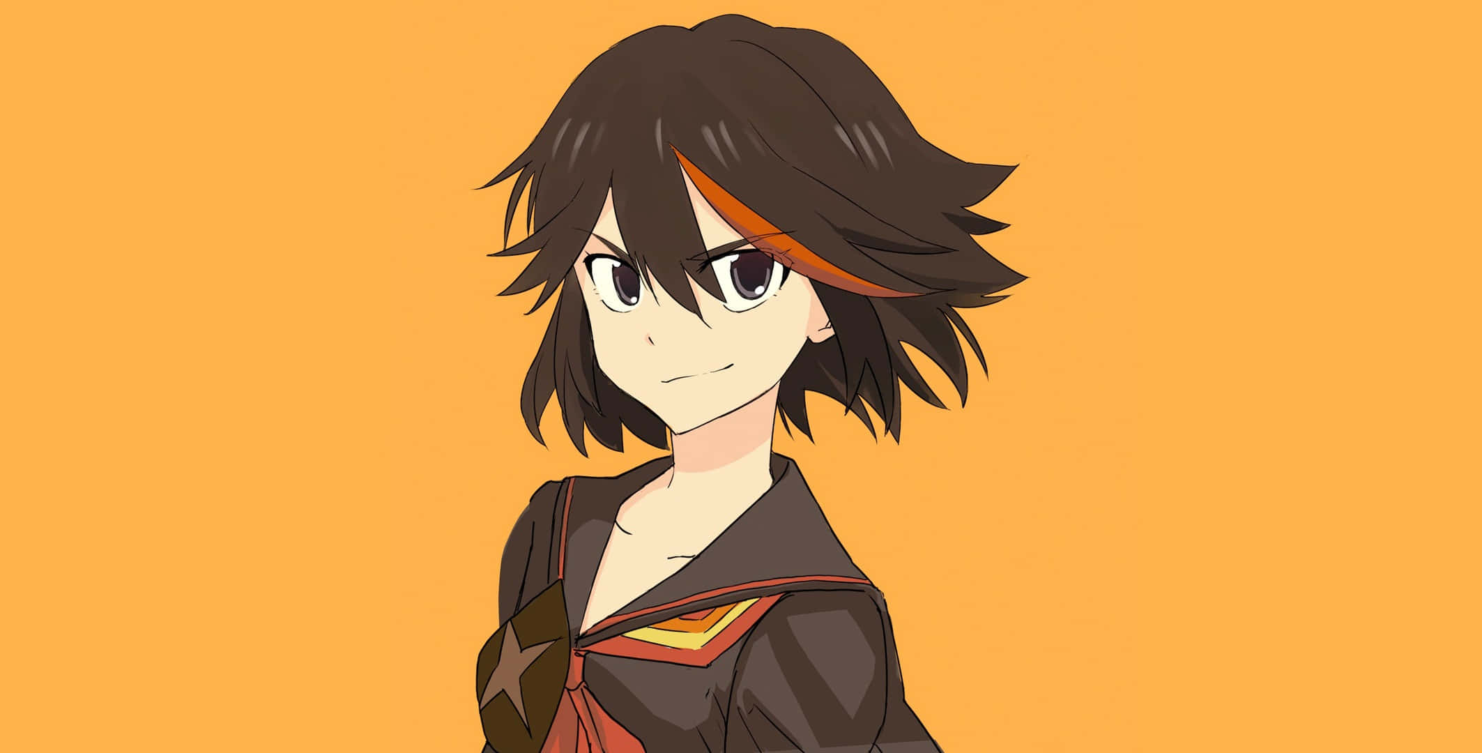 深色頭髮帶橙色挑染的動漫女孩穿著校服。