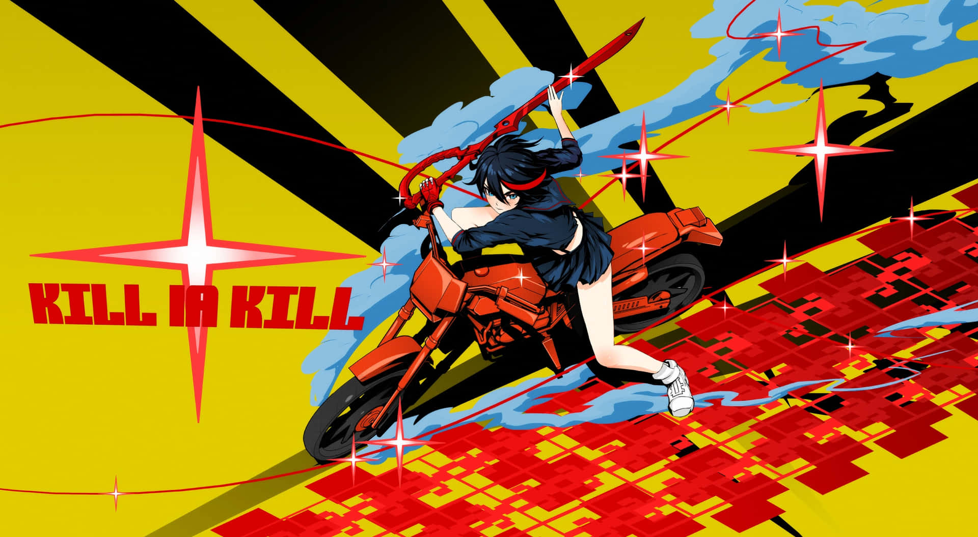 《殺老師》姬川與機車圖 壁紙 — 一個黑髮動漫女孩騎著紅色電單車，揮舞著紅色劍，背景是醒目的黃黑條紋，帶有閃爍效果。
