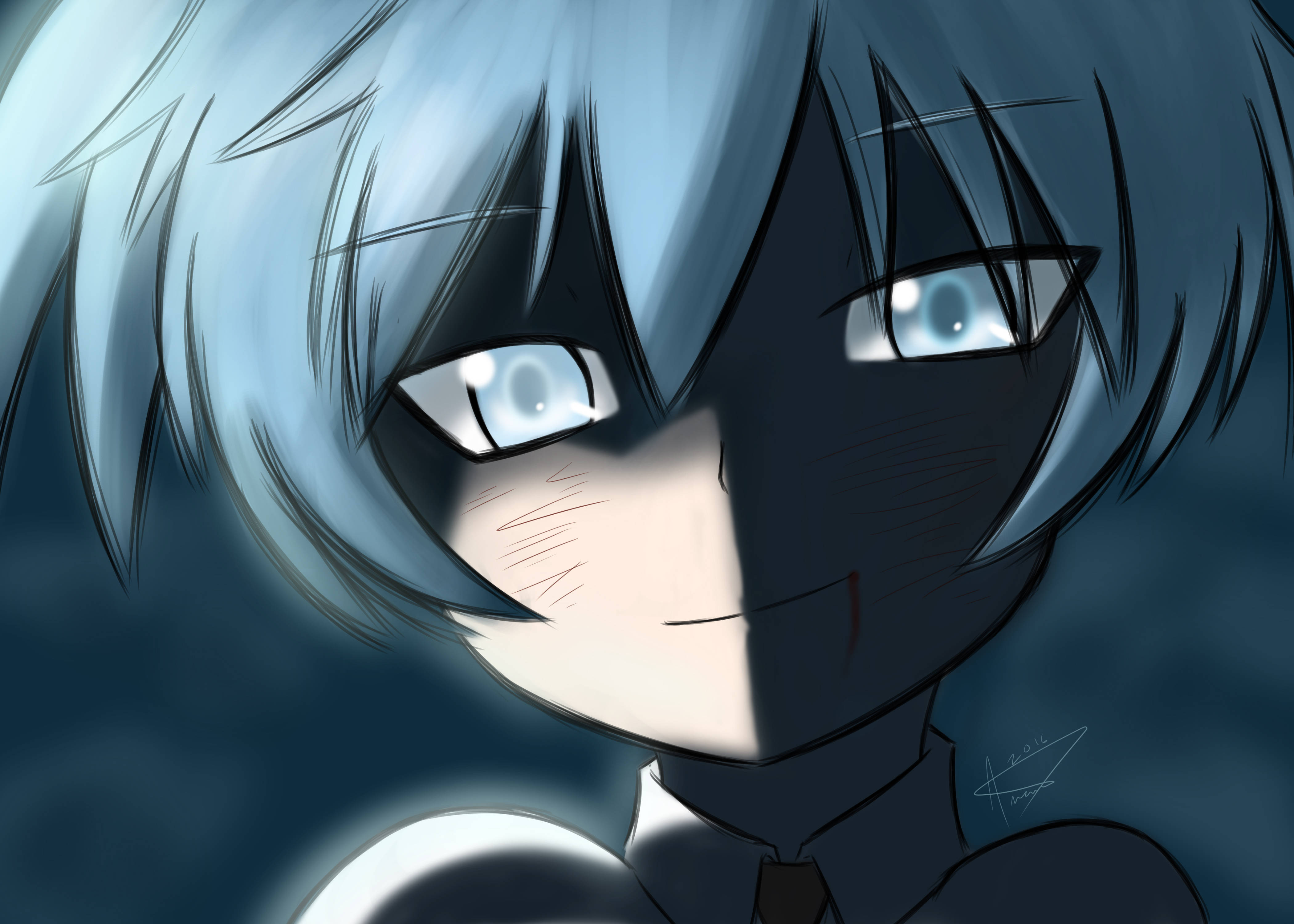 殺老師 石田將也特寫 壁紙 — 一個淺藍色頭髮和發光眼睛的動漫角色特寫，在深藍色背景下強烈凝視。
