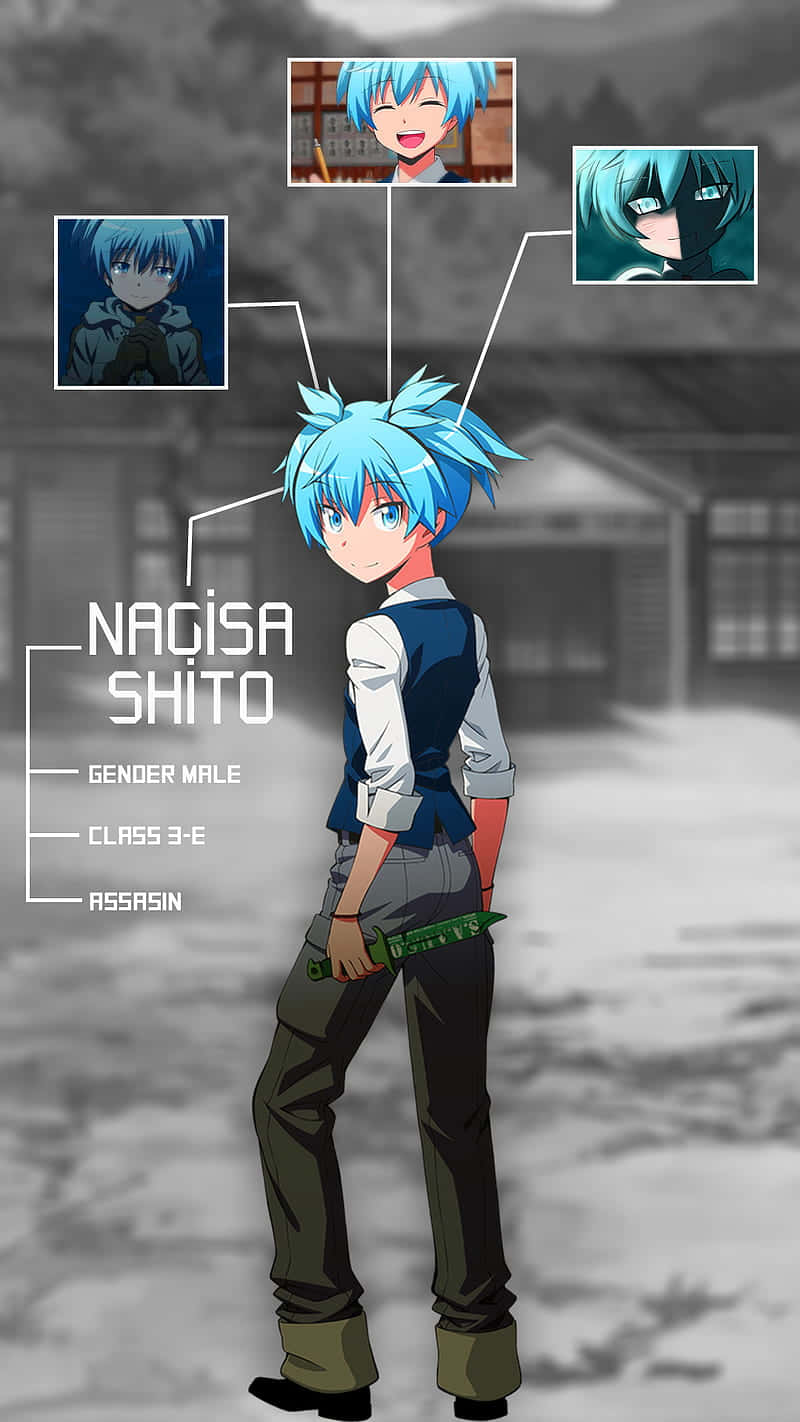動漫刺客角色 Nagisa Shito 藍色頭髮和綠色刀在學校場景中。