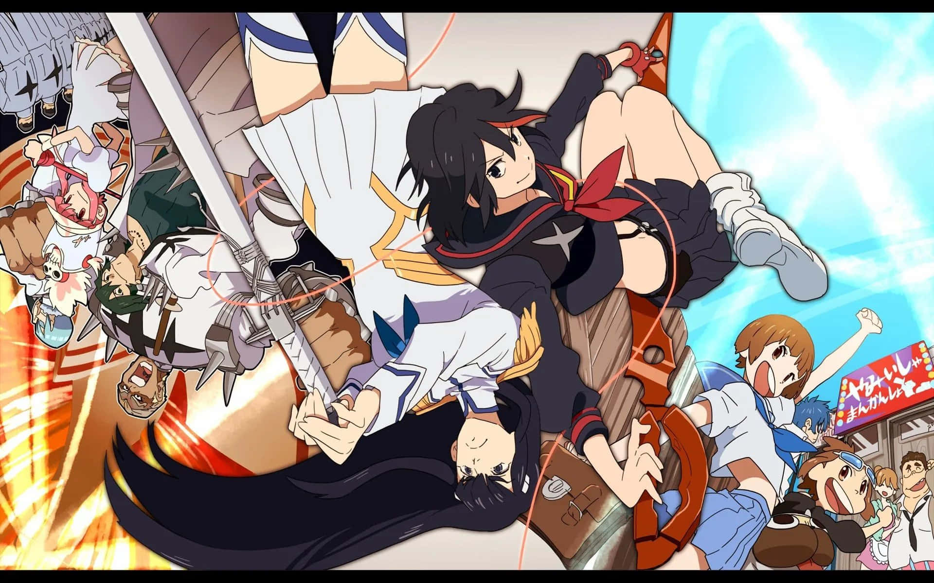 《殺老師》角色海報圖 壁紙 — 動漫角色在明亮的藍天下揮劍和爆炸的動態動作。