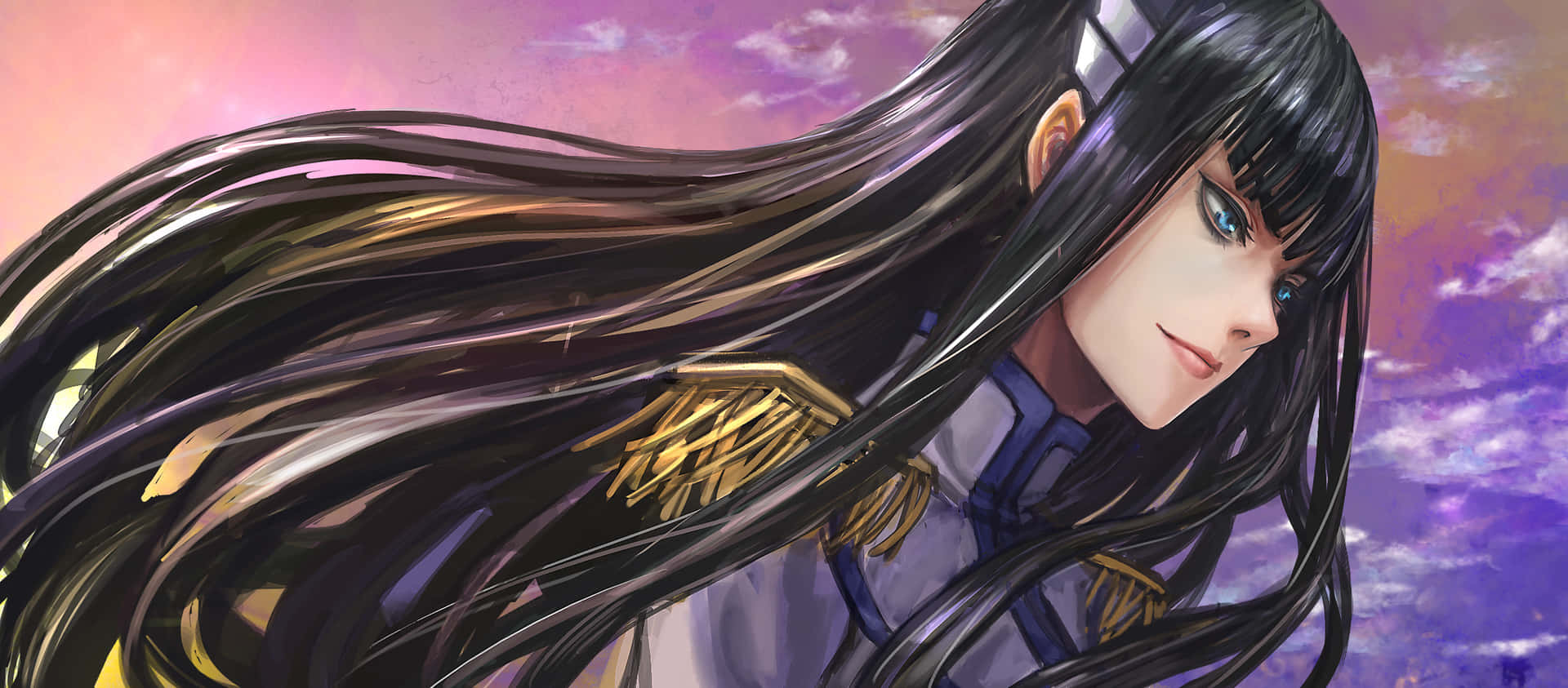 紫色天空中的長黑髮藍眼動漫女孩