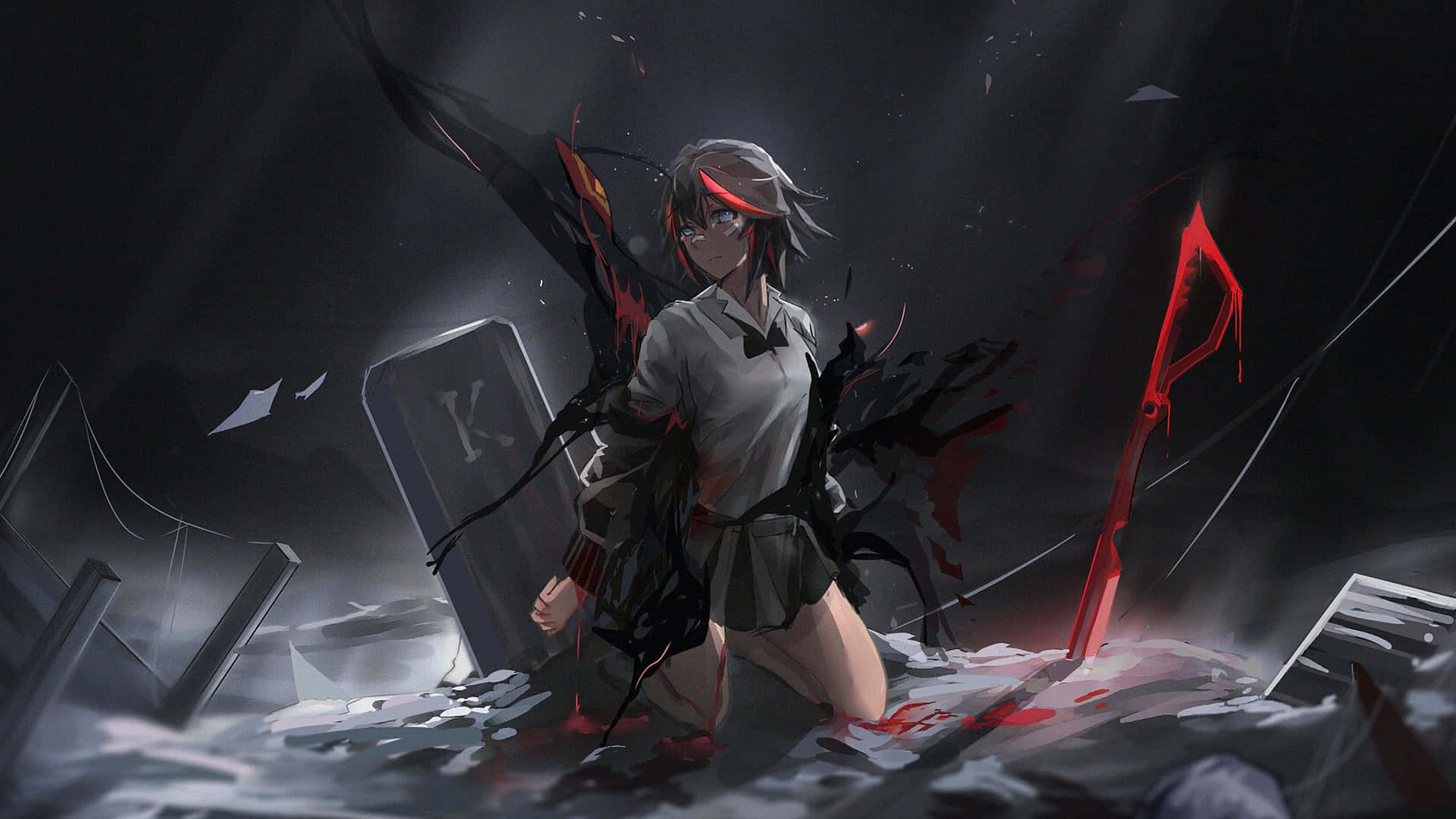 《殺老師》鳴上悠血染刀刃圖 壁紙 — 一個堅定的動漫女孩，紅眼睛和黑色翅膀，在戲劇性的燈光下跪在破碎的、血跡斑斑的廢墟中。