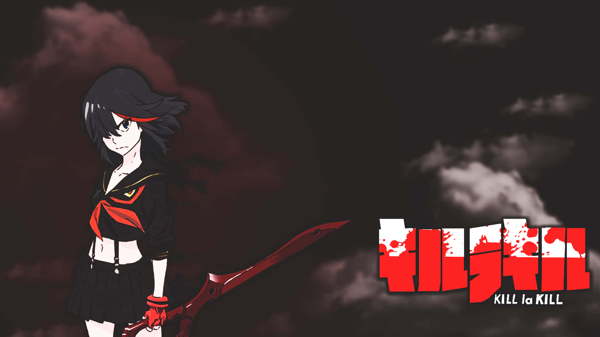 《殺老師》黑暗橫幅圖 壁紙 — 一個黑髮動漫女孩穿著黑色校服，揮舞著一把巨大的紅色剪刀武器，背景是暴風雨般的深紅色天空。