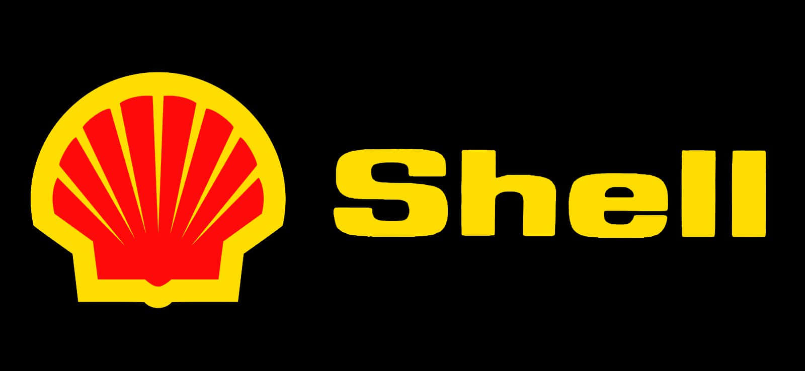 殼牌石油品牌圖標 壁紙 — 大膽的黃色和紅色Shell標誌，帶有標誌性的扇貝符號，襯托在純黑色背景上。