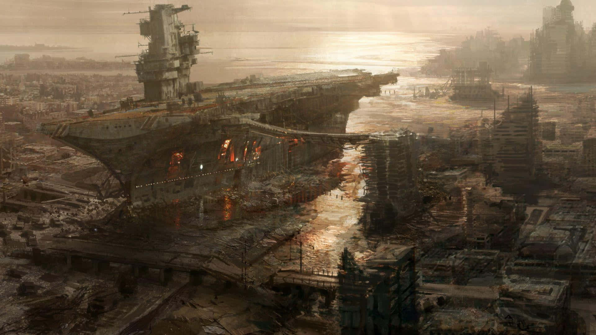 毀滅城市中的航空母艦背景 壁紙 — 一艘巨大的廢棄航空母艦在日落時分停泊在廢墟城市景觀中，泥濘的水面反射著熾熱的火光。