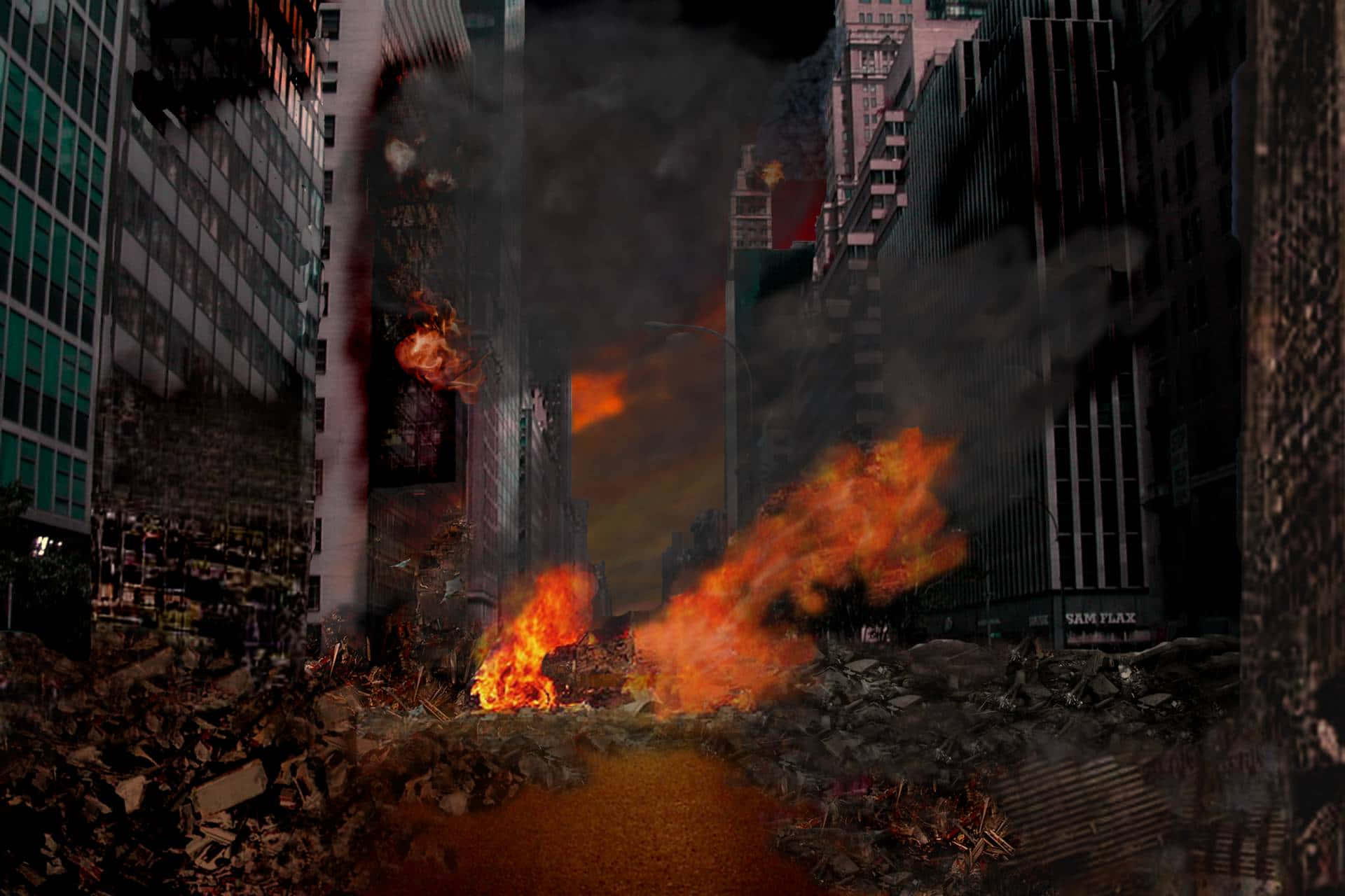 毀滅城市巷弄中的火災背景 壁紙 — 猛烈爆炸撕裂一條被高聳摩天大樓和滾滾濃煙包圍的廢墟城市街道。