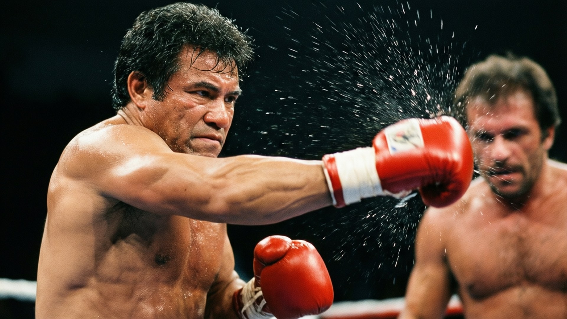 毀滅性右勾拳 壁紙 — 一名拳擊手在擂台上打出強力一拳，汗水在激烈比賽中飛濺空中。