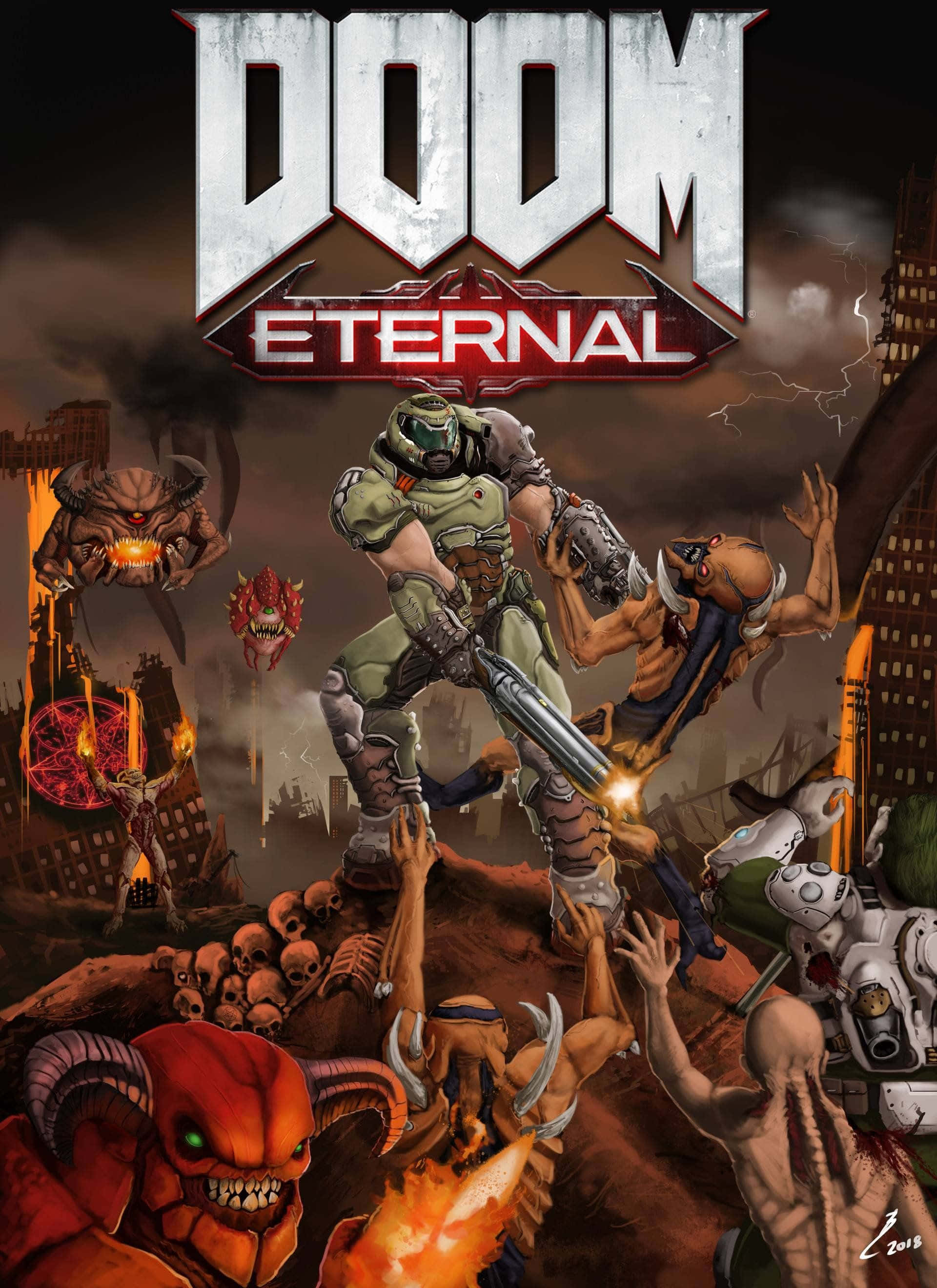 《毀滅戰士》Doom Guy Pixel 3XL背景 壁紙 — 一個肌肉發達的綠色盔甲太空戰士在風暴天空下，於燃燒的廢墟城市中與惡魔生物戰鬥。