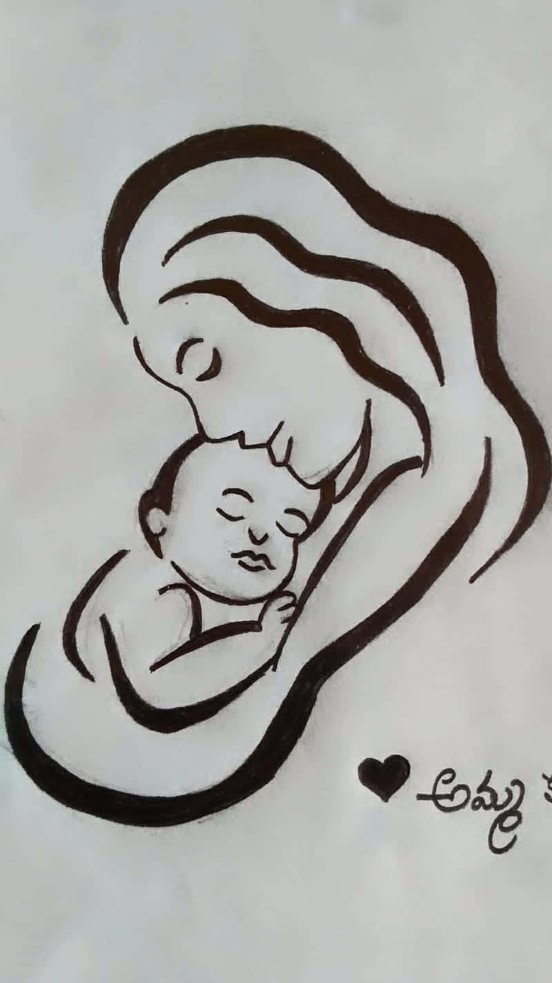 母女素描 壁紙 — 一幅極簡線條畫描繪母親溫柔地親吻她熟睡的嬰兒，嬰兒被流暢的曲線包裹著。