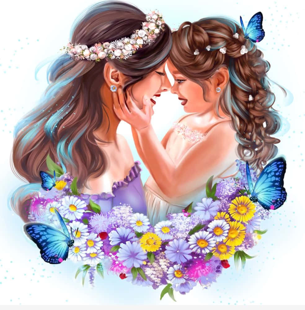 戴著花冠的母親和女兒與蝴蝶和野花擁抱。